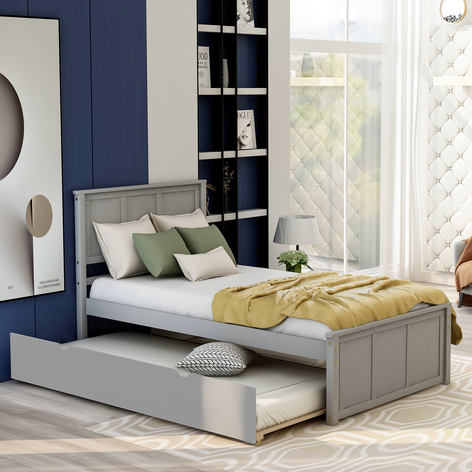 Gray Platform Bed with Twin Trundle and Frame, Solid Wood and MDF Construction, Twin Size - Grand Goldman Shop
