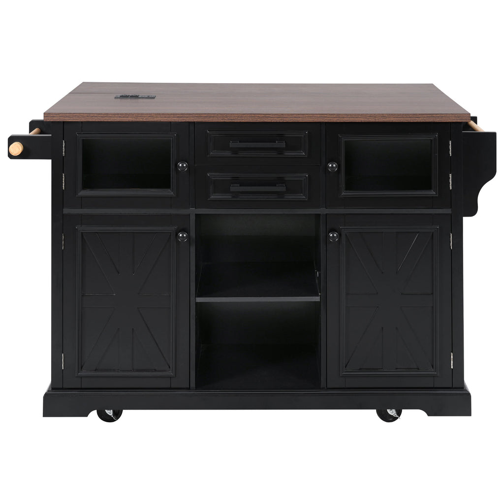 K&K 54.9' Kitchen Island with Drop Leaf, Power Outlet, Kitchen Storage Cart with 4 Door Shelves, Cross Barn Doors & Visual Glass Door, Rolling Kitchen Island on 4 Wheels for Kitchen, Dining Room,Black - Grand Goldman Shop