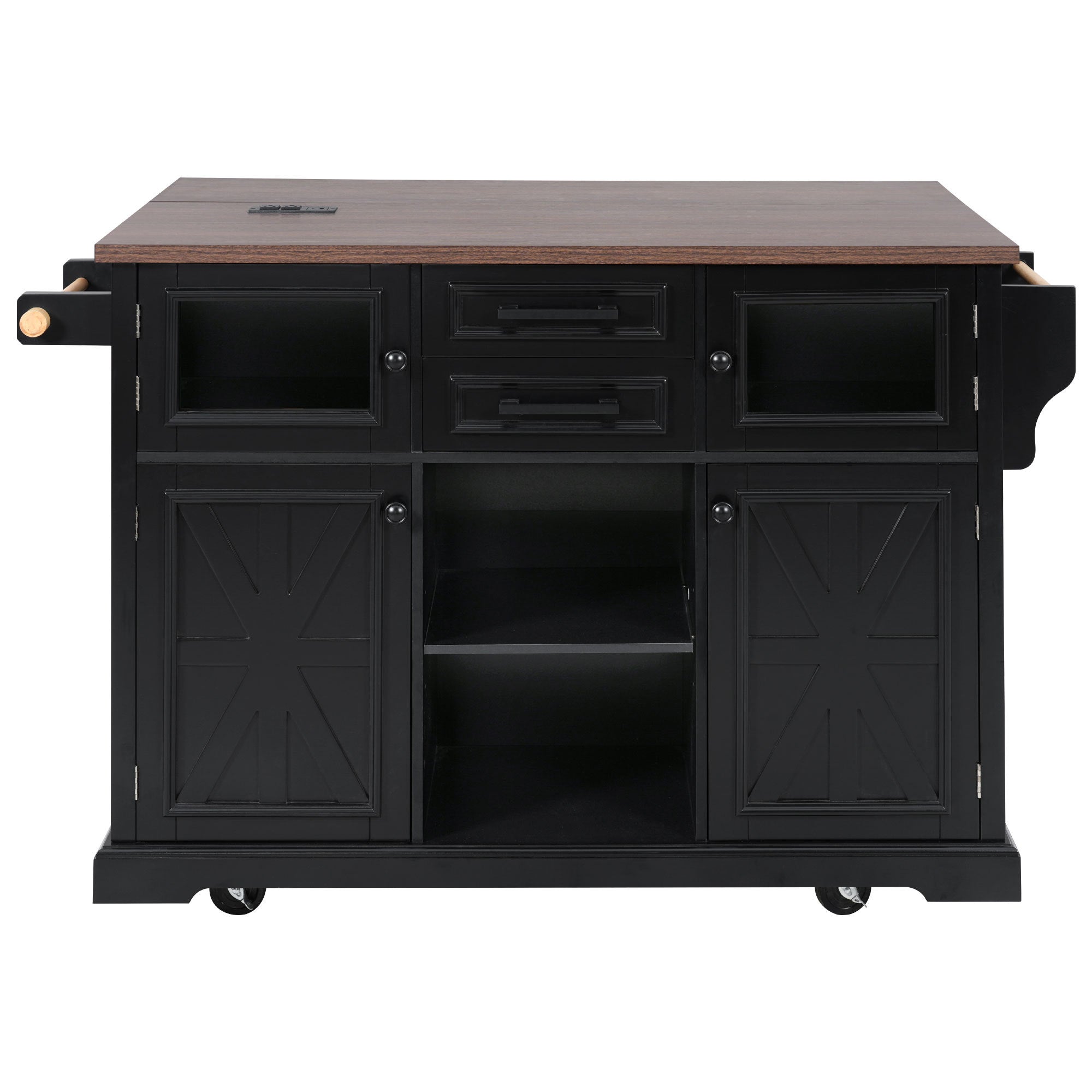 K&K 54.9' Kitchen Island with Drop Leaf, Power Outlet, Kitchen Storage Cart with 4 Door Shelves, Cross Barn Doors & Visual Glass Door, Rolling Kitchen Island on 4 Wheels for Kitchen, Dining Room,Black - Grand Goldman Shop