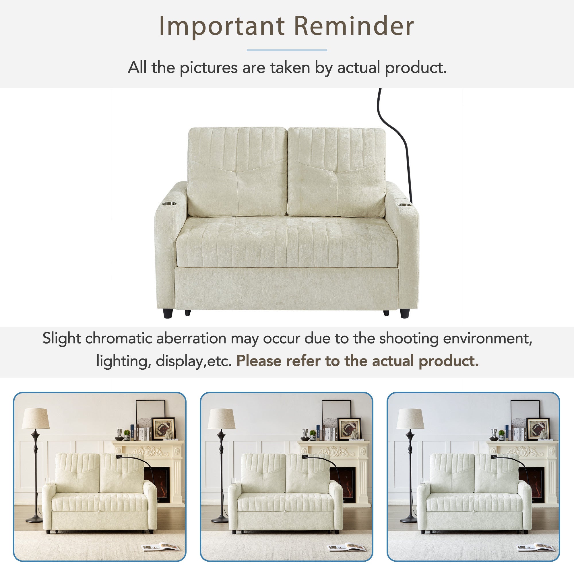 Modern 53.9' Loveseat Pull-out Sofa Bed with Adjustable Backrest, Cup Holders, Charging Ports & Side Storage in Beige Chenille - Grand Goldman Shop