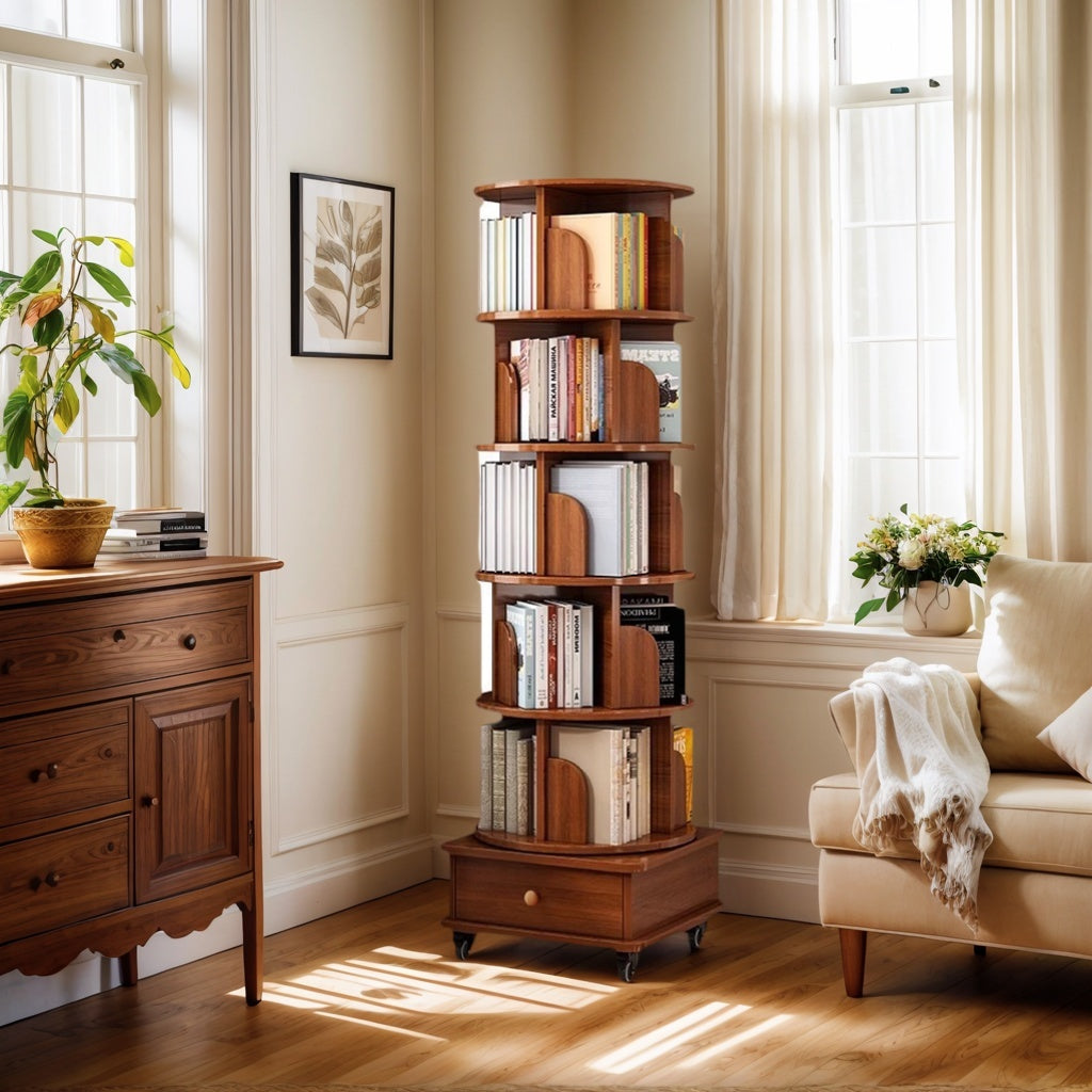 (UPGRADED) Rotating Bookshelf, 360 Display Corner Bookshelf for Small Space, 6 Tier Bookcase Storage Rack with Wheels, Wood Narrow Organizer for Bedroom, Living Room, Study Room, Walnut Brown - Grand Goldman Shop