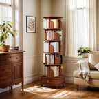 (UPGRADED) Rotating Bookshelf, 360 Display Corner Bookshelf for Small Space, 6 Tier Bookcase Storage Rack with Wheels, Wood Narrow Organizer for Bedroom, Living Room, Study Room, Walnut Brown - Grand Goldman Shop