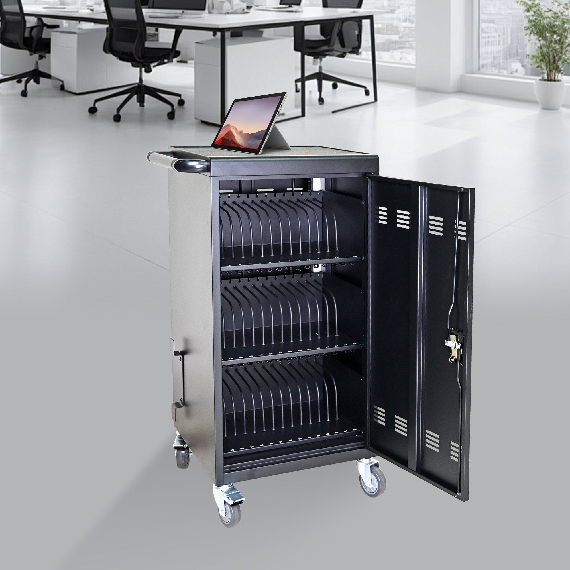 45 Bay Mobile School Charging Cart Station for Chromebook, Tablet and Laptop Computer with Power Strip Included - Black - Sho