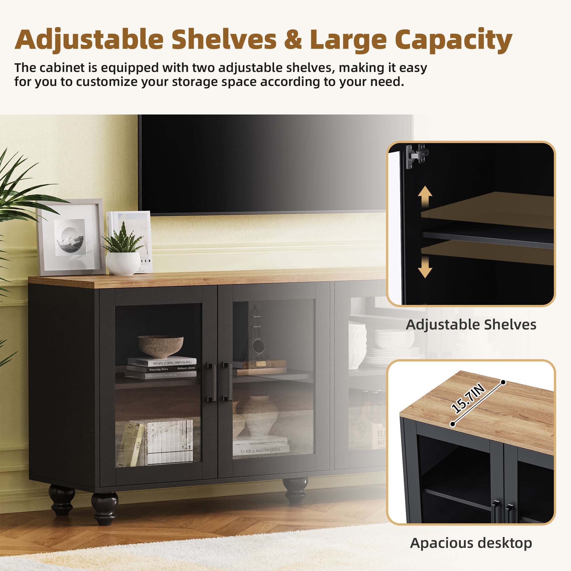 Farmhouse TV Stand with Solid Wood Gourd-Shaped Legs for TVs Up to 70', Entertainment Center with Bookshelves & Tempered Glass Doors, Media Console with Adjustable Shelves, Living Room, Black - Grand Goldman Shop