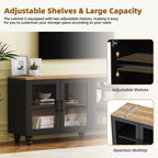 ON-TREND Farmhouse TV Stand with Tempered Glass Doors for TVs Up to 70', Versatile Sideboard with Adjustable Shelves, Elegant Buffet Cabinet with 5 Solid Wood Gourd-Shaped Legs for Living Room, Black - Grand Goldman Shop