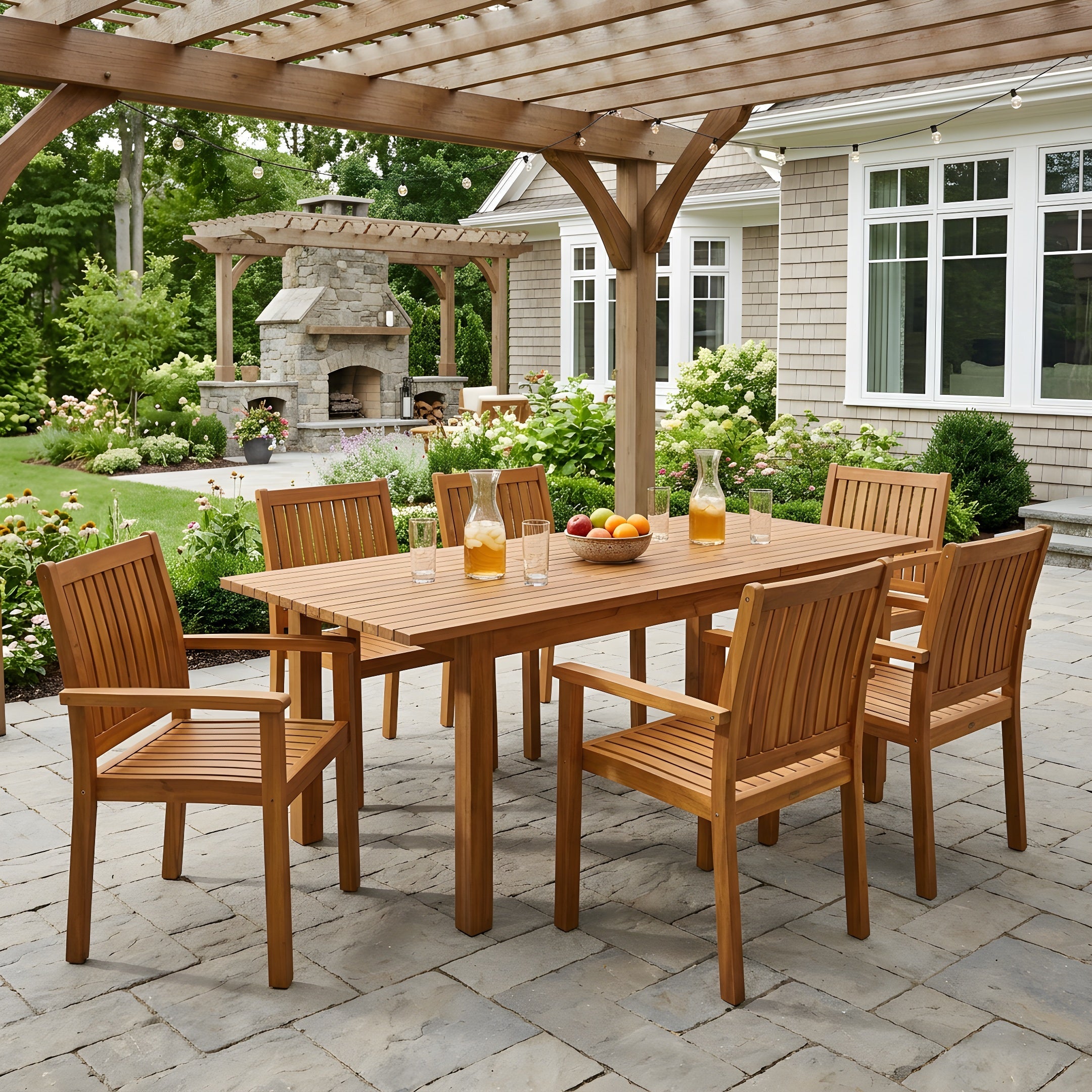 7-teiliges Akazienholz-Essgarnitur für den Außenbereich, modern mit 6 Stühlen und 1 großem Tisch, Essmöbelset für Rasen, Garten, Veranda, Pool, Teakholz