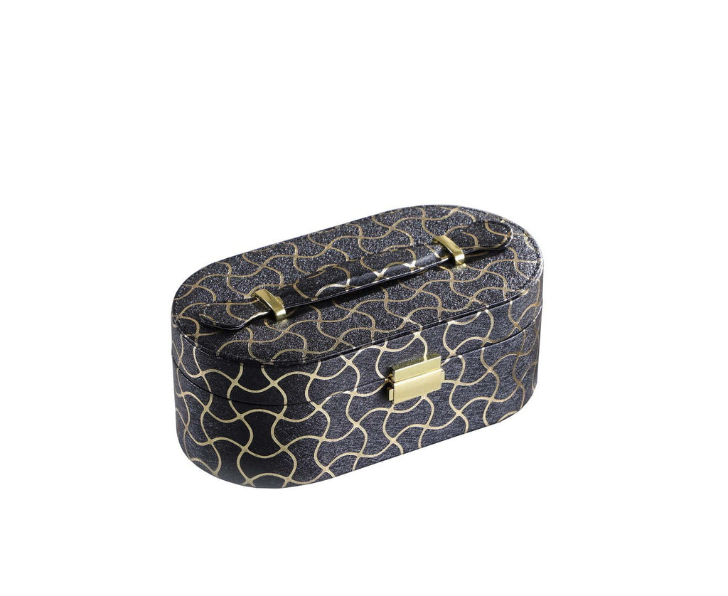 9.5' Long Leather Jewelry Organizer Case with Mirror, Gold Swirl Pattern, Black - Grand Goldman Shop