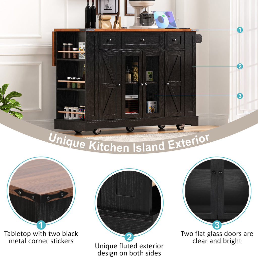 K&K 53'' Farmhouse Kitchen Island with Two Tempered Glass Cabinet Doors, Power Outlet, Rolling Kitchen Cart on Wheels with Drop Leaf, 5 Open Side Racks, 3 Drawers, for Kitchen, Dining Room, Black - Grand Goldman Shop