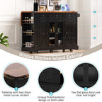 K&K 53'' Farmhouse Kitchen Island with Two Tempered Glass Cabinet Doors, Power Outlet, Rolling Kitchen Cart on Wheels with Drop Leaf, 5 Open Side Racks, 3 Drawers, for Kitchen, Dining Room, Black - Grand Goldman Shop