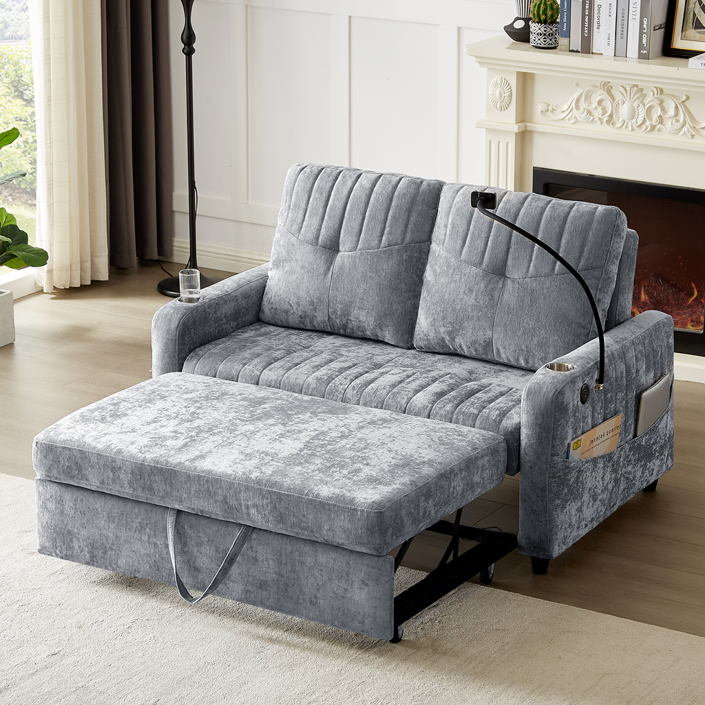 Modern Loveseat Pull-out Sofa Bed with Adjustable Backrest, Cup Holders, Phone Holder, Charging Ports, Side Storage Pockets, Grey Chenille - Grand Goldman Shop