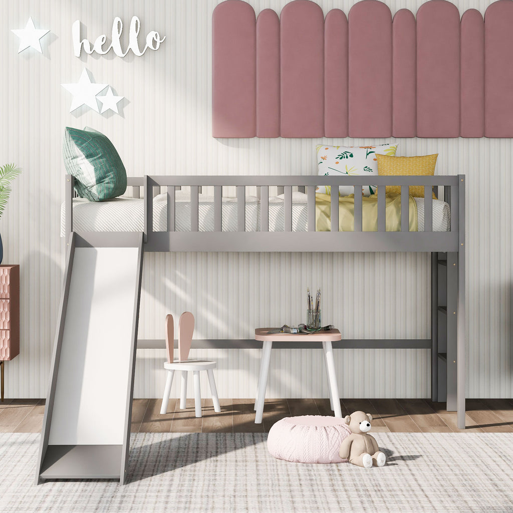 Twin Size Low Loft Bed with Ladder and Slide, Gray(OLD SKU:WF196418AAE) - Grand Goldman Shop
