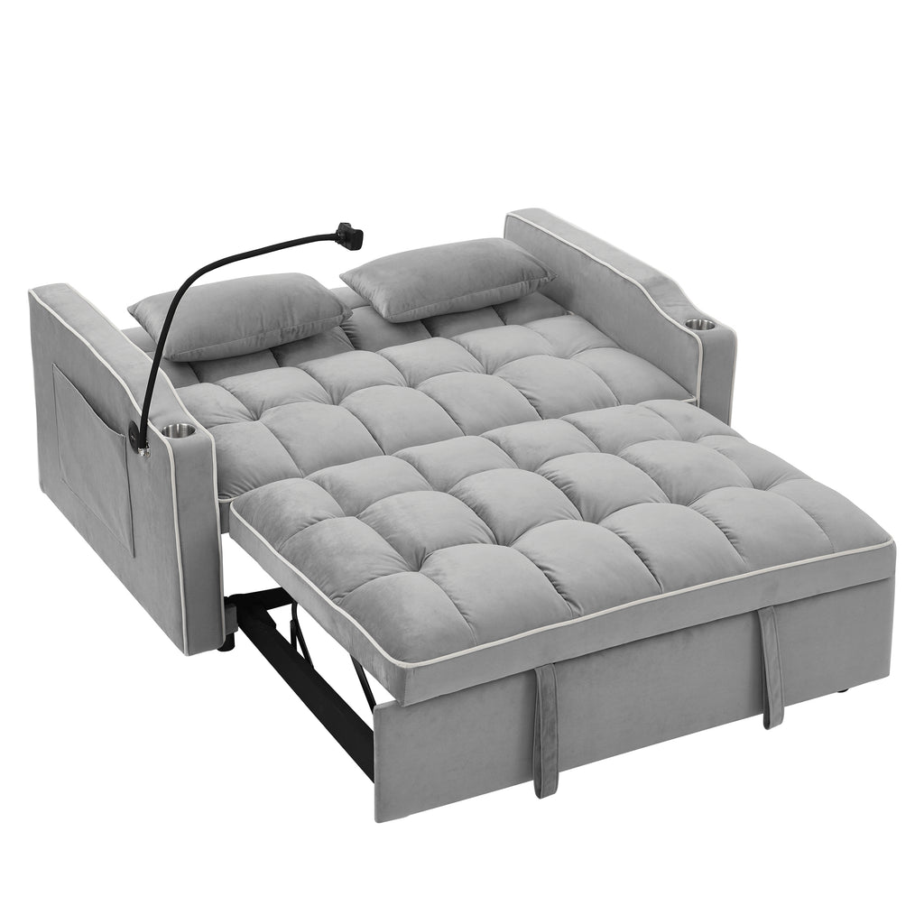 55.51 inch versatile foldable sofa bed in 3 lengths, modern sofa sofa sofa velvet pull-out bed, adjustable back and with USB port and ashtray and swivel phone stand (Grey) - Grand Goldman Shop