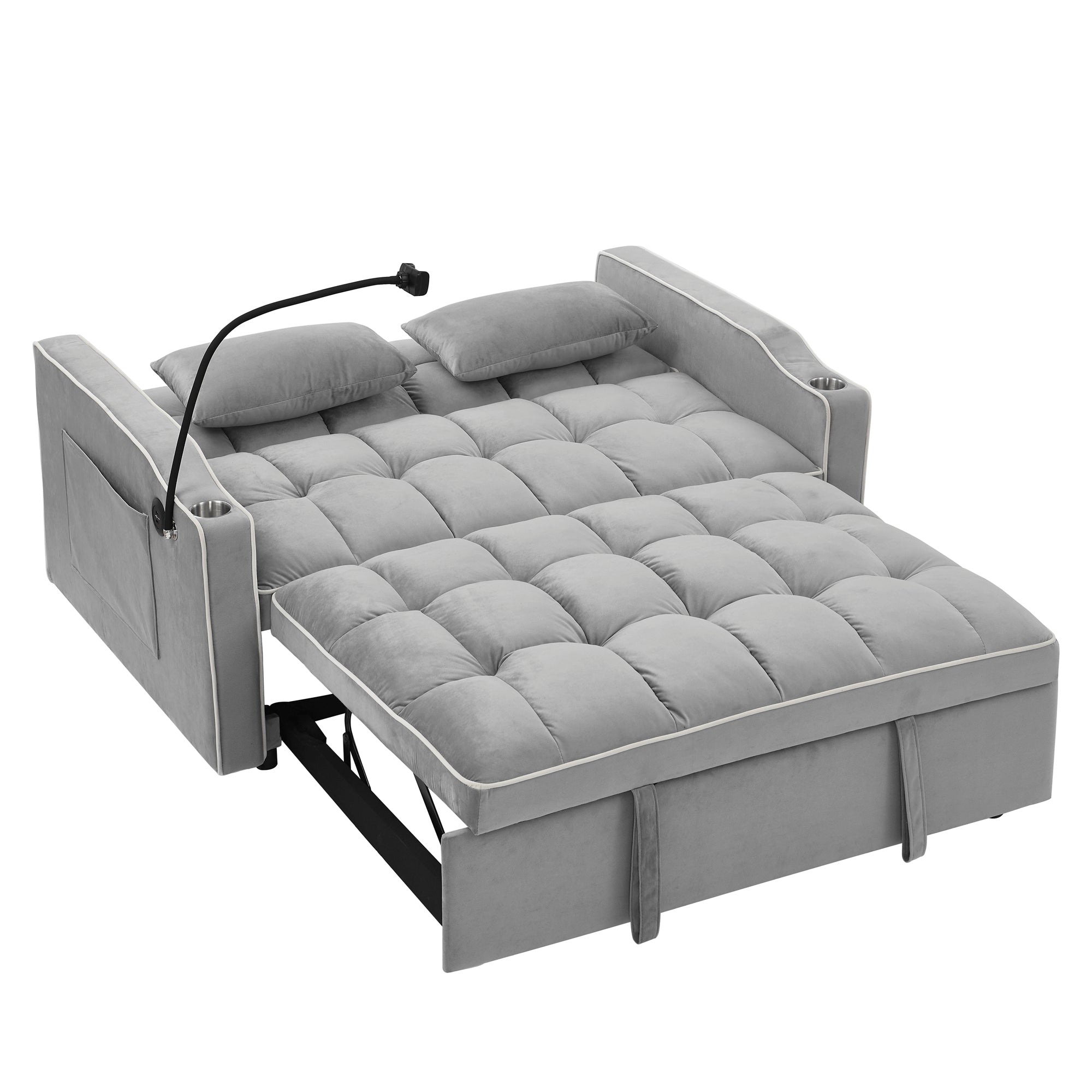 55.51 inch versatile foldable sofa bed in 3 lengths, modern sofa sofa sofa velvet pull-out bed, adjustable back and with USB port and ashtray and swivel phone stand (Grey) - Grand Goldman Shop