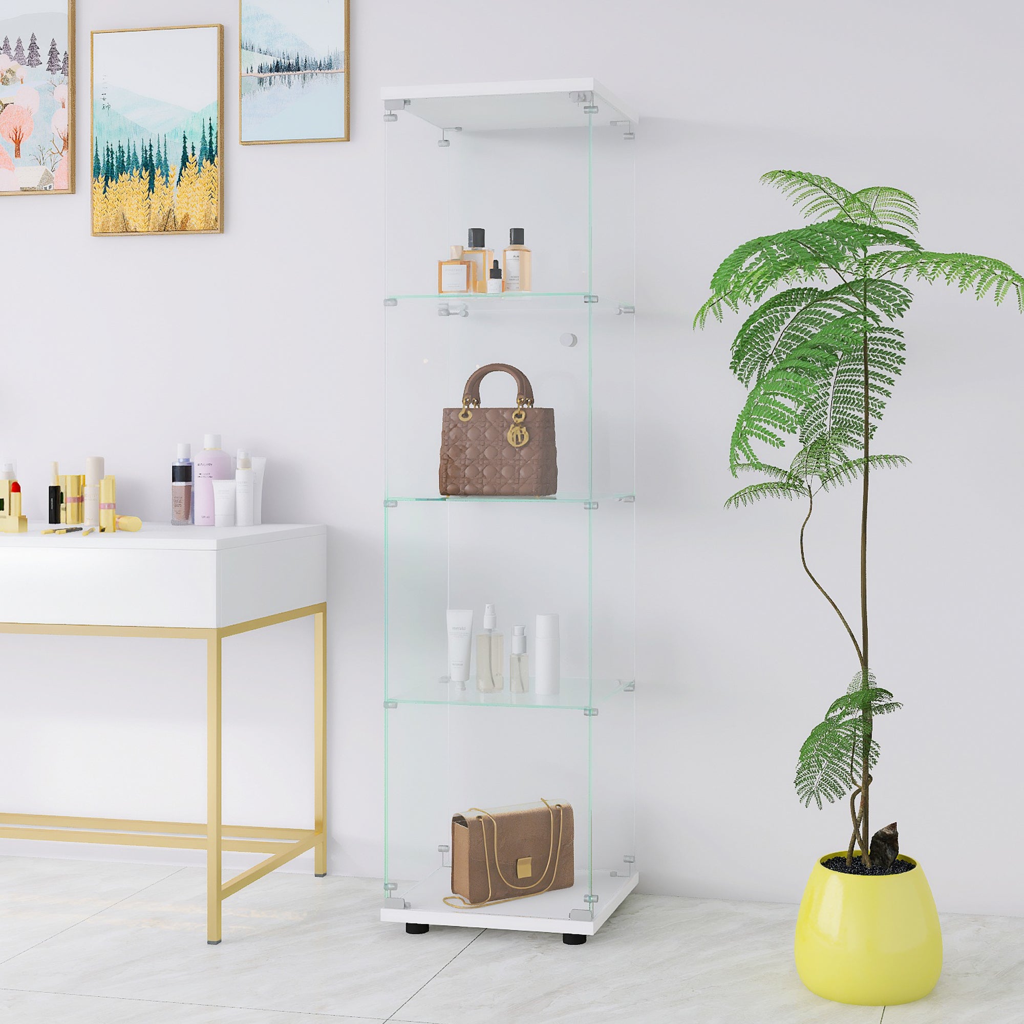 Glass Display Cabinet 4 Shelves with Door, Floor Standing Curio Bookshelf for Living Room Bedroom Office, 64.7'*16.7'*14.3' 

