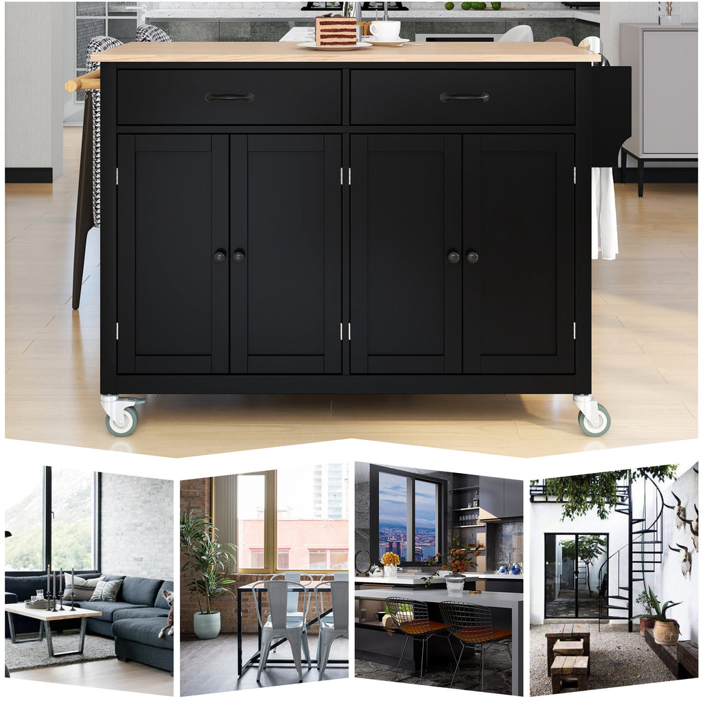 Kitchen Island Cart with Solid Wood Top and Locking Wheels,54.3 Inch Width,4 Door Cabinet and Two Drawers,Spice Rack, Towel Rack (Black) - Grand Goldman Shop