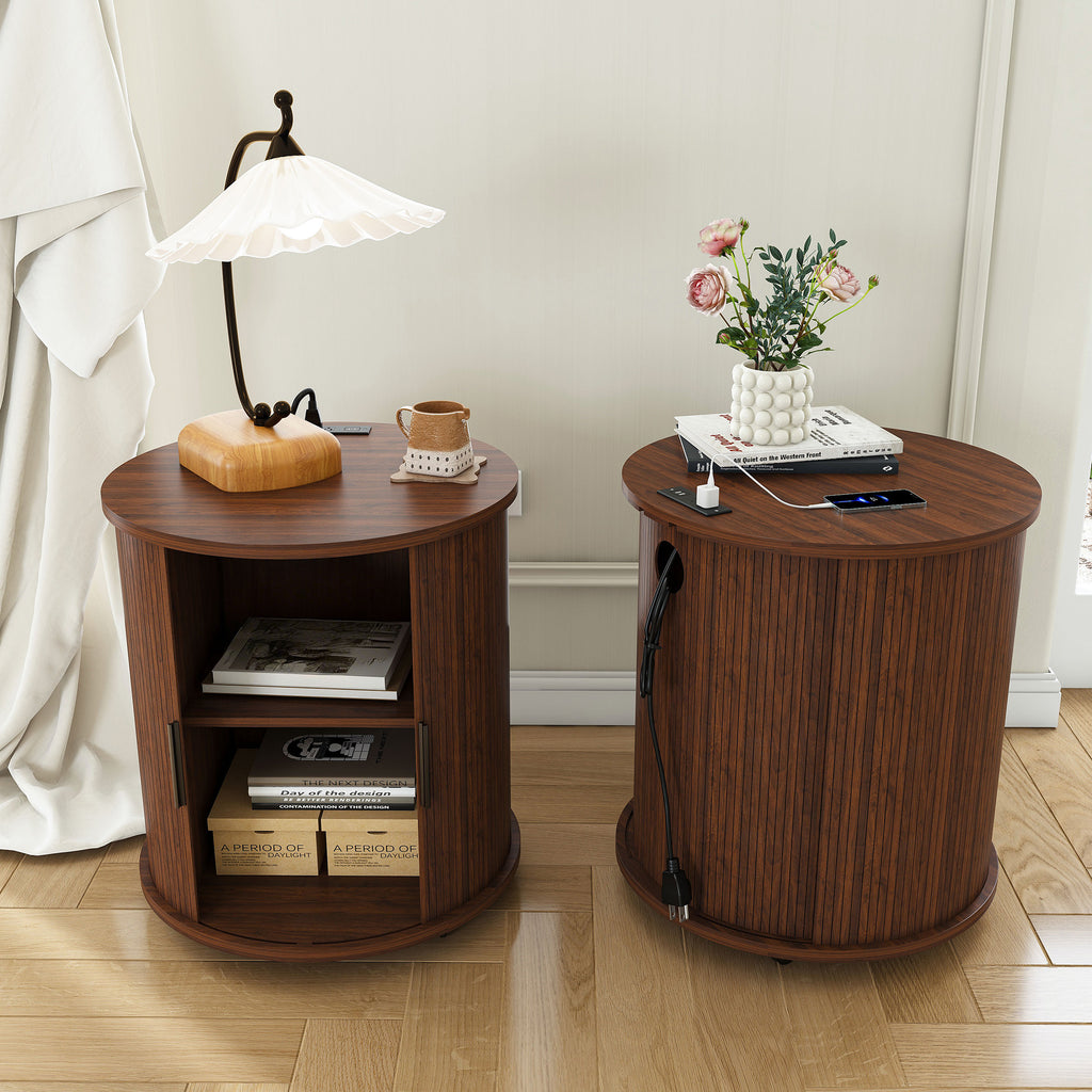 Mid Century Modern Cylinder End Table with Built-in Charging Station & Sliding Door, 2-Tier Storage Round Nightstand with USB Ports, Walnut Bedside Table for Living Room, Bedroom, Entryway - Grand Goldman Shop