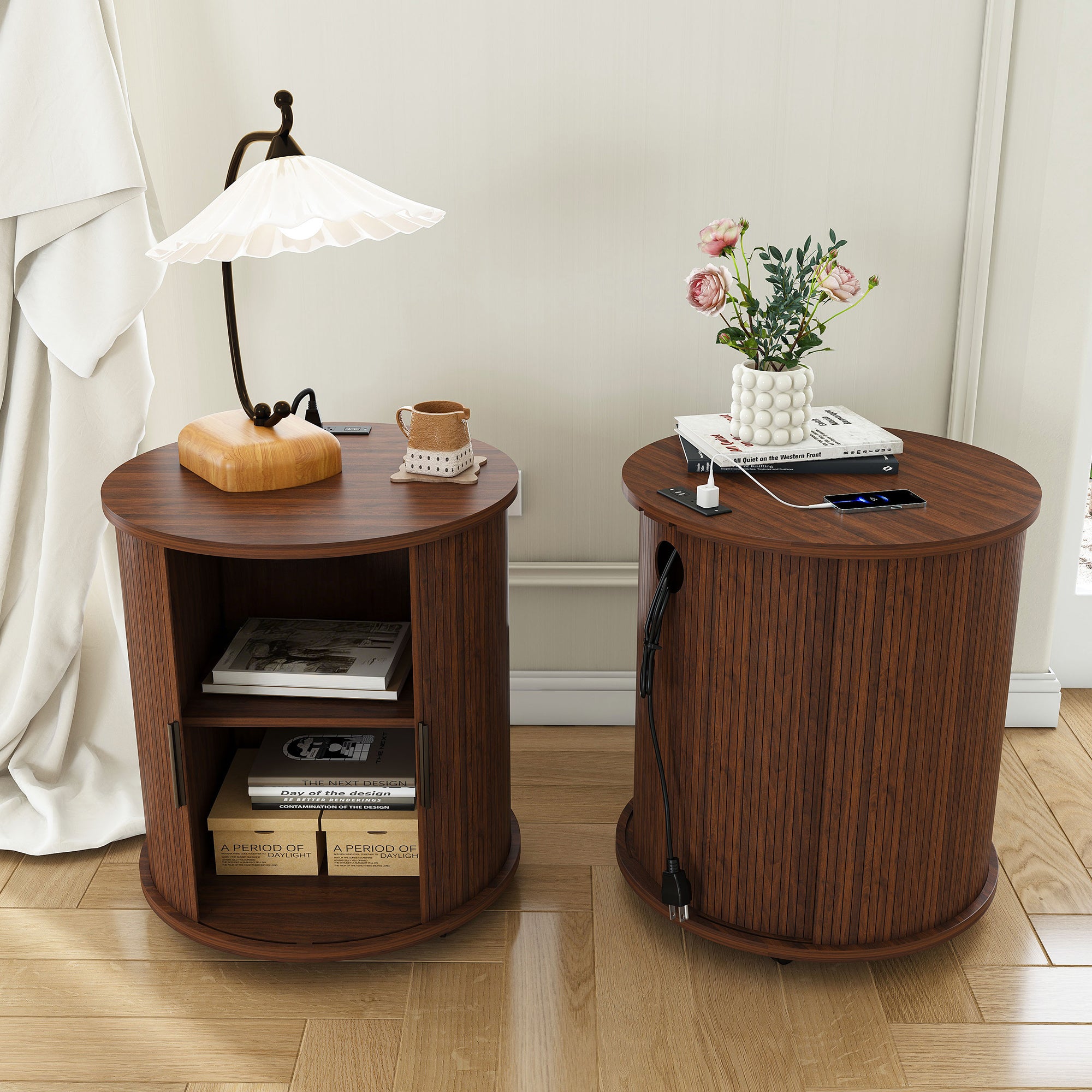 Mid Century Modern Cylinder End Table with Built-in Charging Station & Sliding Door, 2-Tier Storage Round Nightstand with USB Ports, Walnut Bedside Table for Living Room, Bedroom, Entryway - Grand Goldman Shop