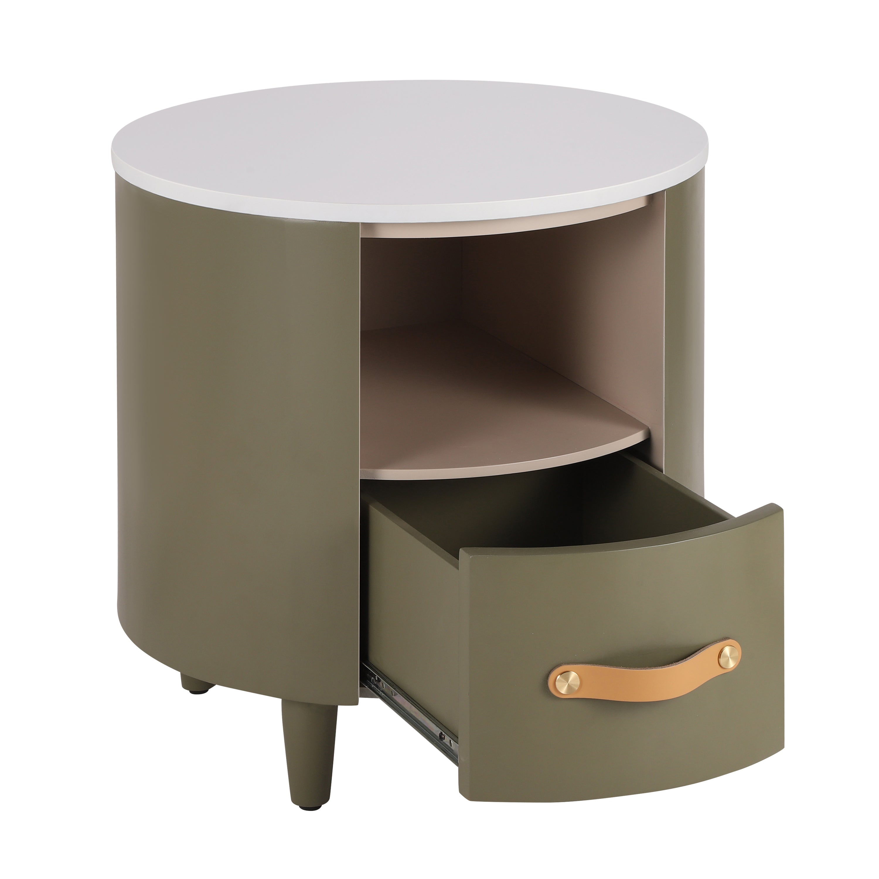 Contemporary & Modern Round Nightstand with Storage Drawer, Sofa End Table with Open Storage Shelf, Bedside Table with Curved Design for Living Room & Bedroom, Easy Assembly, Green - Grand Goldman Shop