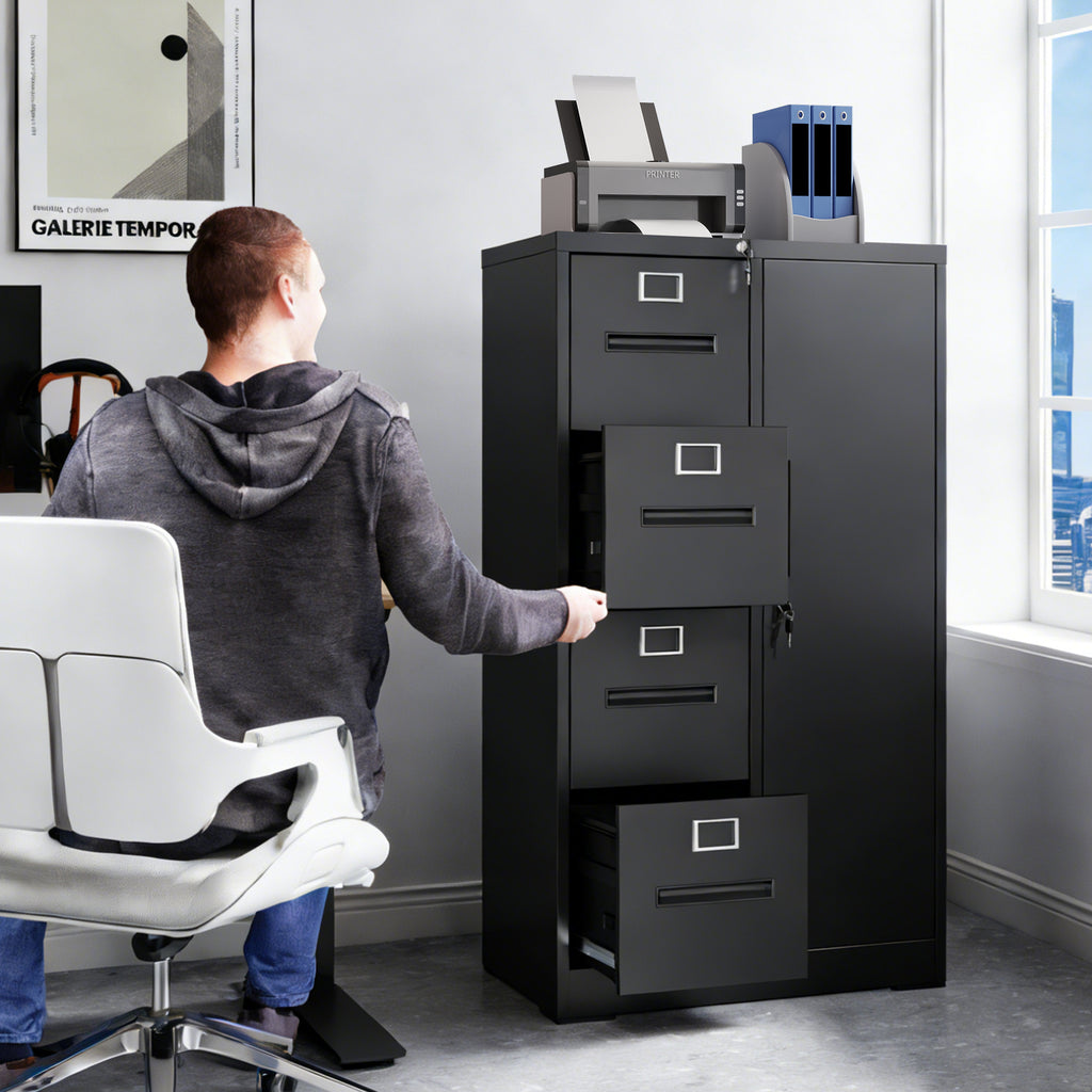 Metal Storage Vertical Filing Cabinet with Lock, Steel File Locker with 4 Drawers and 1 door for School, Living Room, Bedroom