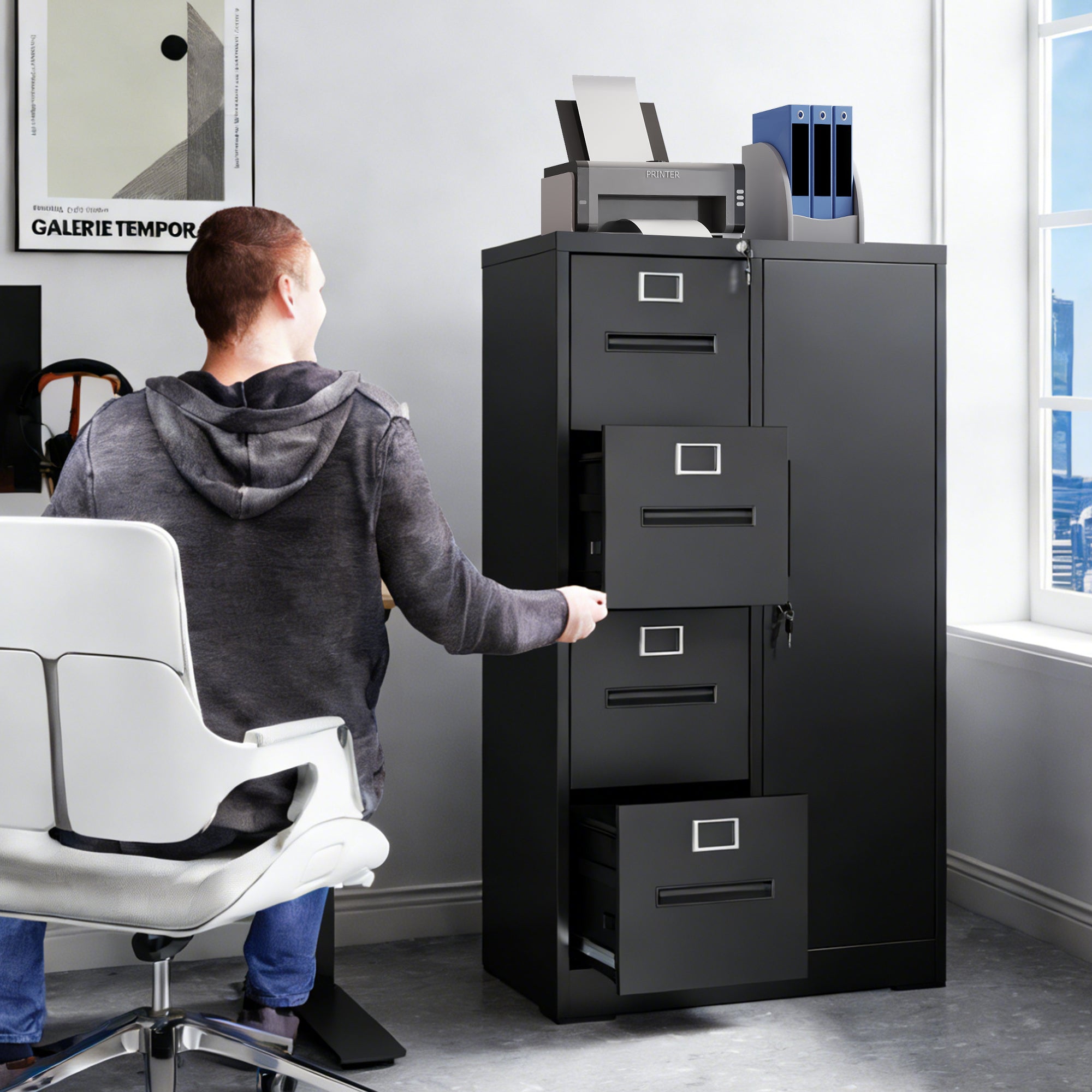 Metal Storage Vertical Filing Cabinet with Lock, Steel File Locker with 4 Drawers and 1 door for School, Living Room, Bedroom
