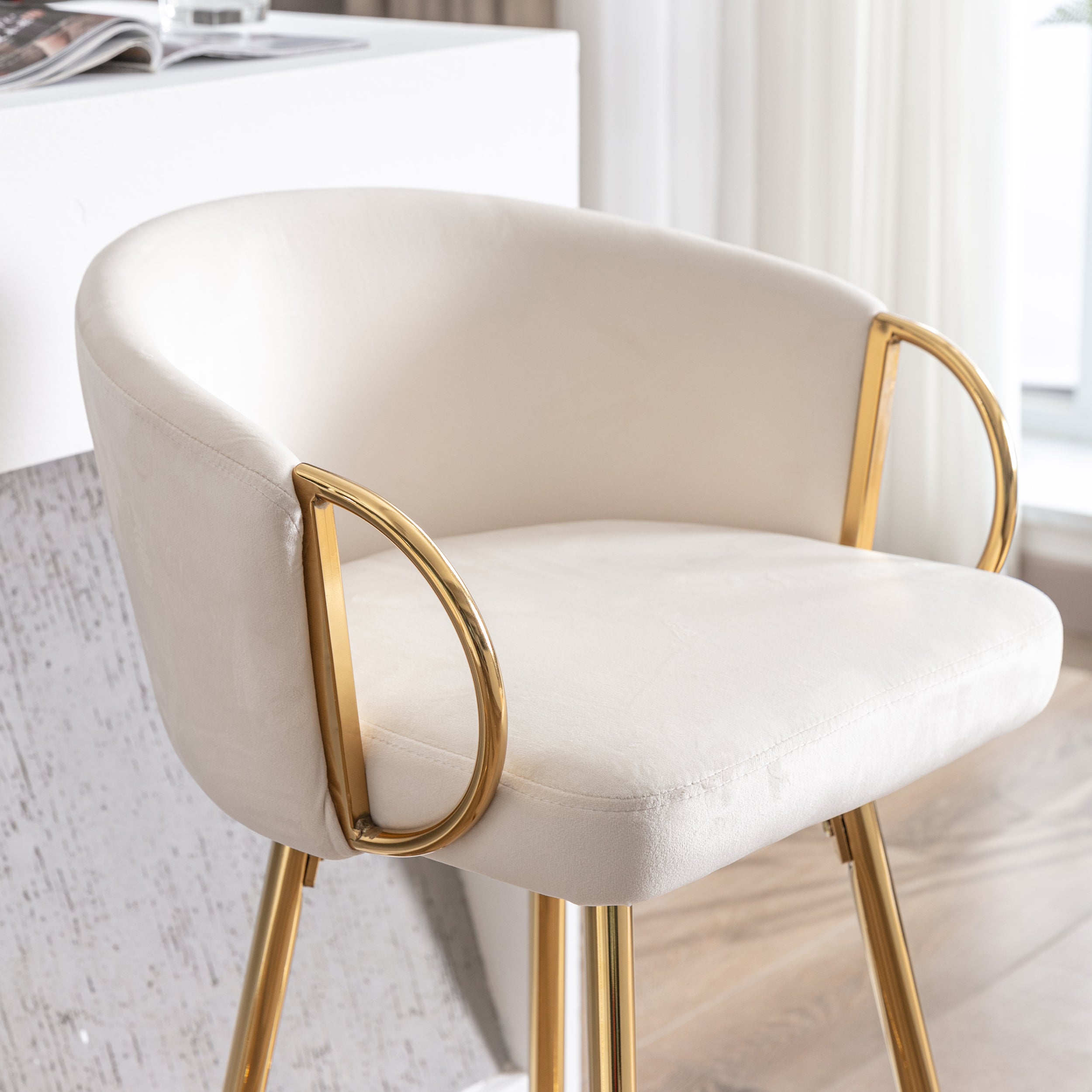 26 Inch Set of 2 Bar Stools,with Chrome Footrest and Base Velvet + Golden Leg Simple Bar Stoo,CREAM - Grand Goldman Shop