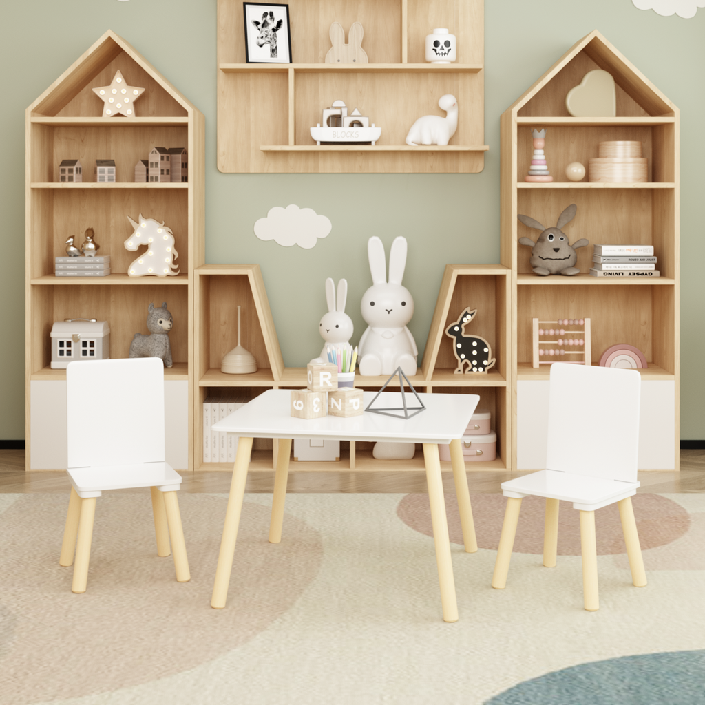 White Wooden Kids Table and 2 Chairs Set, 3-Piece Toddler Activity Play Table with Solid Wood & MDF Construction, Compact Siz