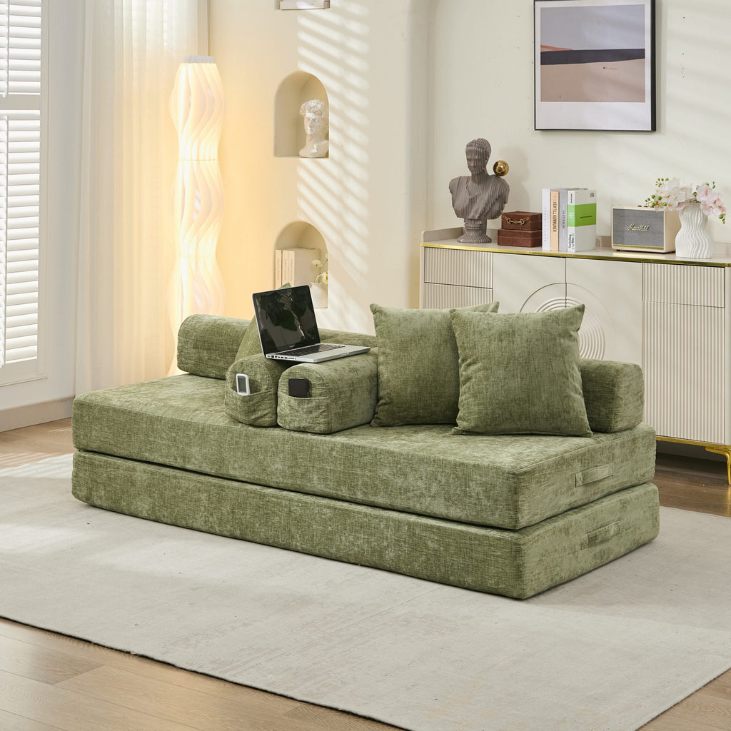Comfy Convertible Folding Mattress Couch, Floor Sofa Bed, Chenille Floor Sofa with Armrest, Floor Sofa Lounge Couch for Living Room Bedroom Lounge Studio-Green - Grand Goldman Shop