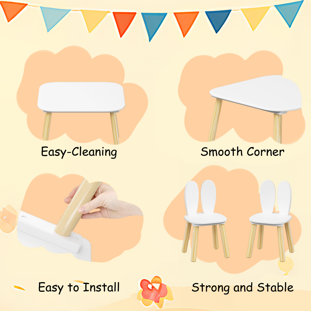 Rabbit Themed Kids Table and 2 Chairs Set, White Solid Wood & MDF Play Table with Rounded Edges, 3-Piece Toddler Furniture fo