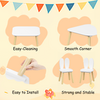 Rabbit Themed Kids Table and 2 Chairs Set, White Solid Wood & MDF Play Table with Rounded Edges, 3-Piece Toddler Furniture fo