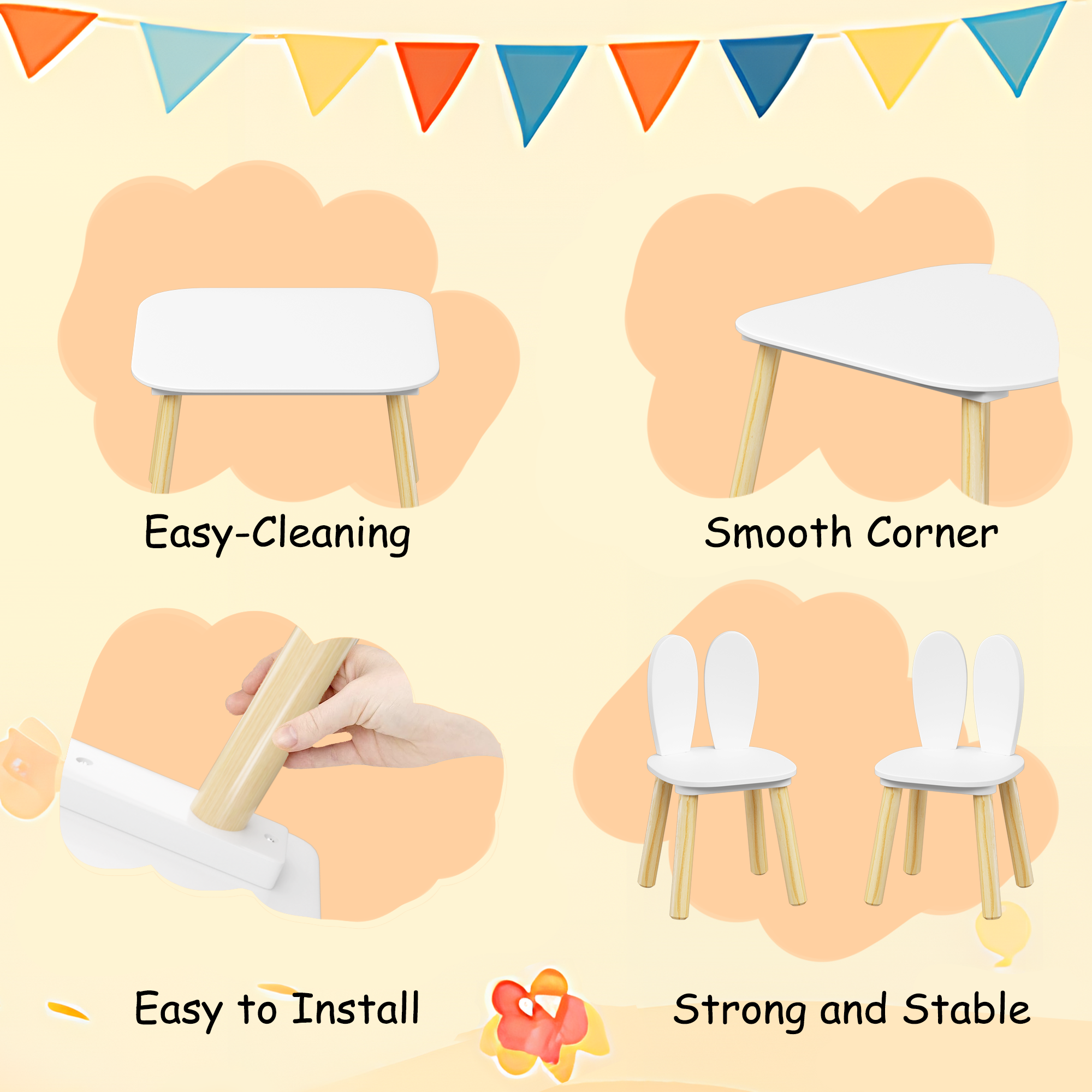 Rabbit Themed Kids Table and 2 Chairs Set, White Solid Wood & MDF Play Table with Rounded Edges, 3-Piece Toddler Furniture fo