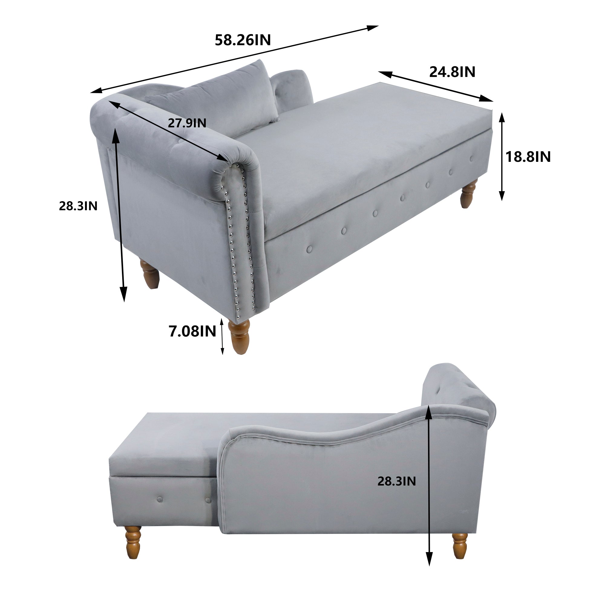 Grey Chaise Lounge Indoor, Velvet Lounge Chair for Bedroom with Storage & Pillow, Modern Upholstered Rolled Arm Chase Lounge for Sleeping with Nailhead Trim for Living Room Bedroom Office - Grand Goldman Shop