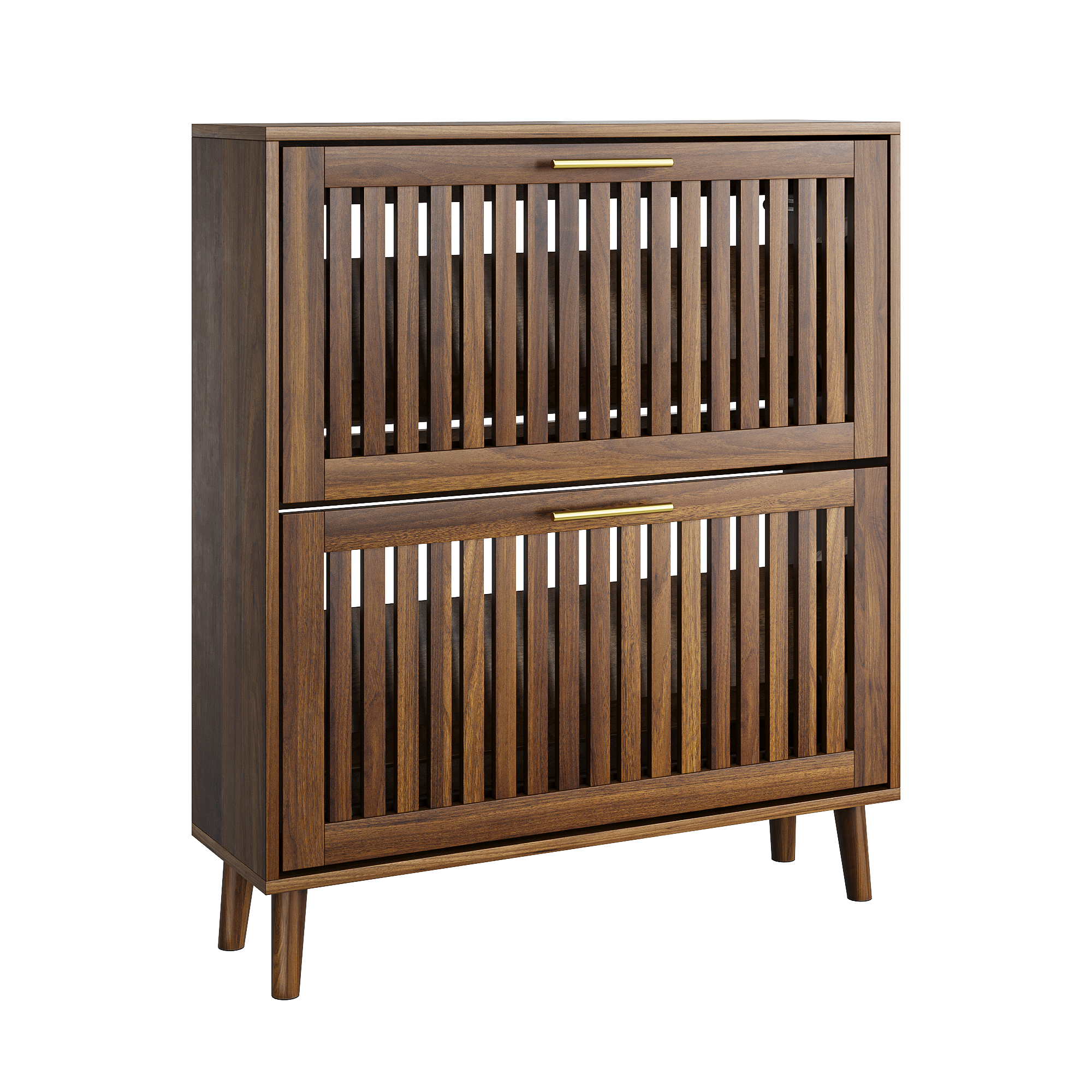 Medieval Modern Walnut Shoe Storage Cabinet With 2 Flip Drawers And Fence Design, 31.5-Inch, Particle Board + MDF - Grand Goldman Shop