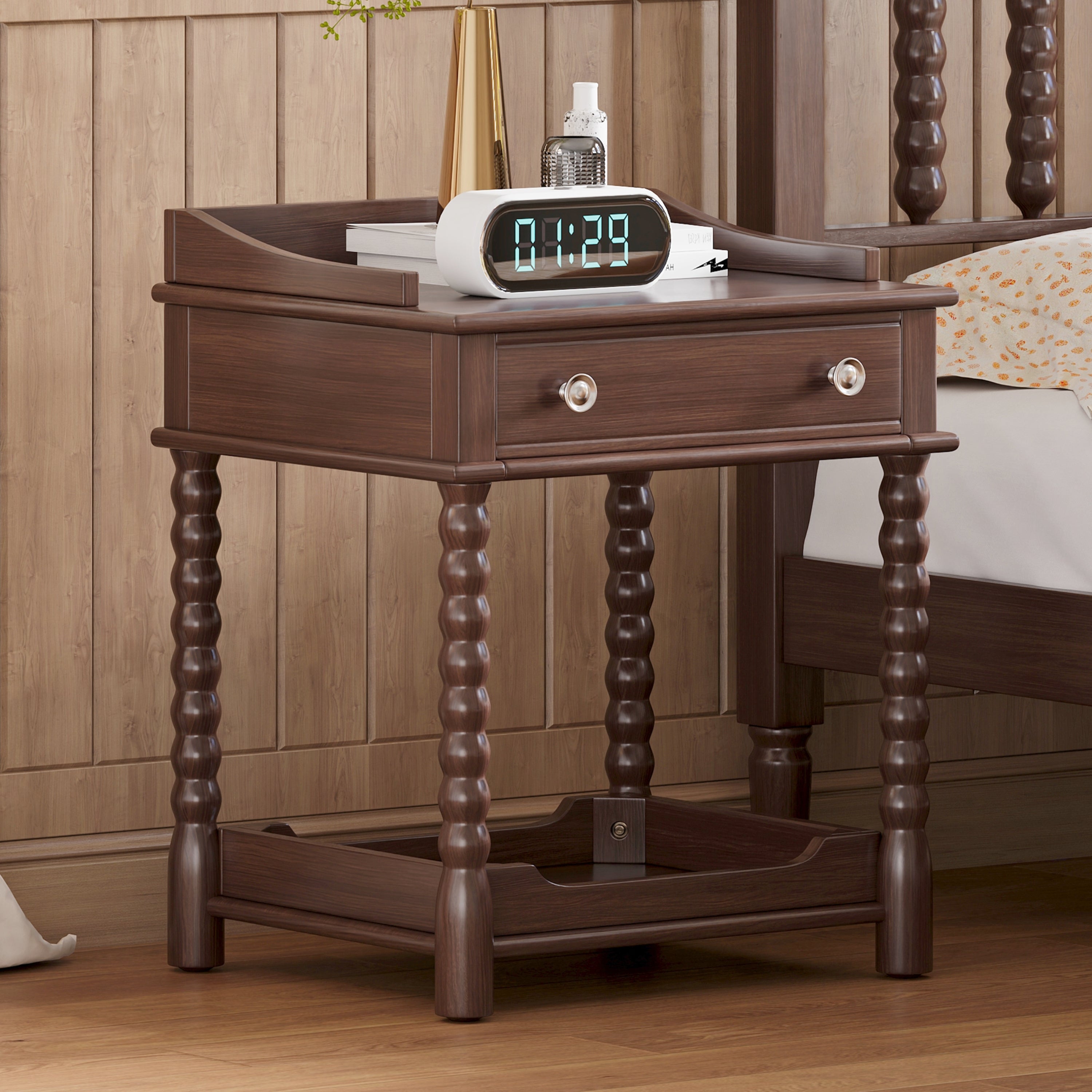 Retro Style Nightstand with Drawer and Open Shelf for Bedroom, Bedside Table with Turned Legs and Metal Handle,Walnut - Grand Goldman Shop