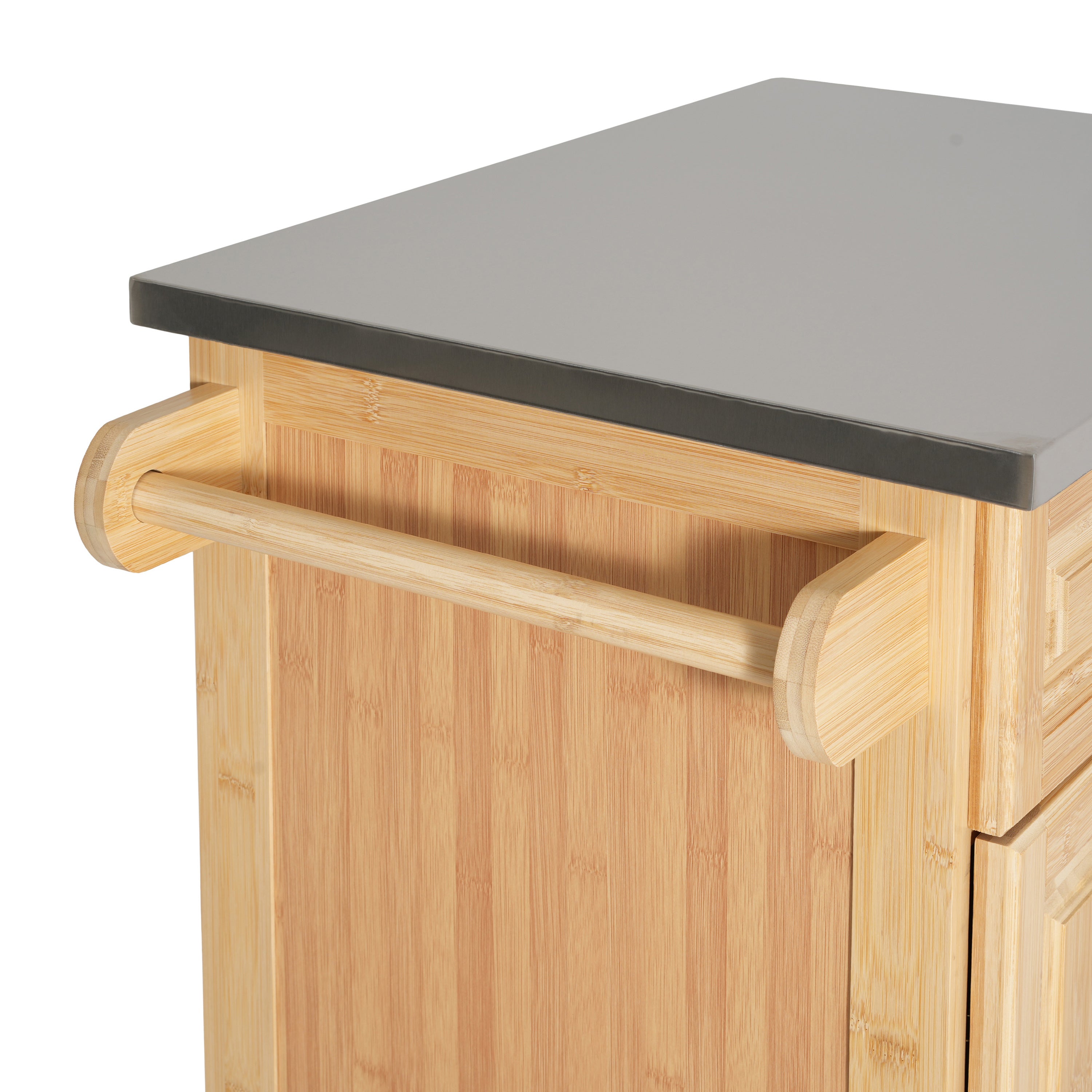 Indoor Compact Bamboo Rolling Kitchen Cart with Stainless Steel Top – Mobile Storage Island with Drawer & Cabinet for Small Spaces - Grand Goldman Shop
