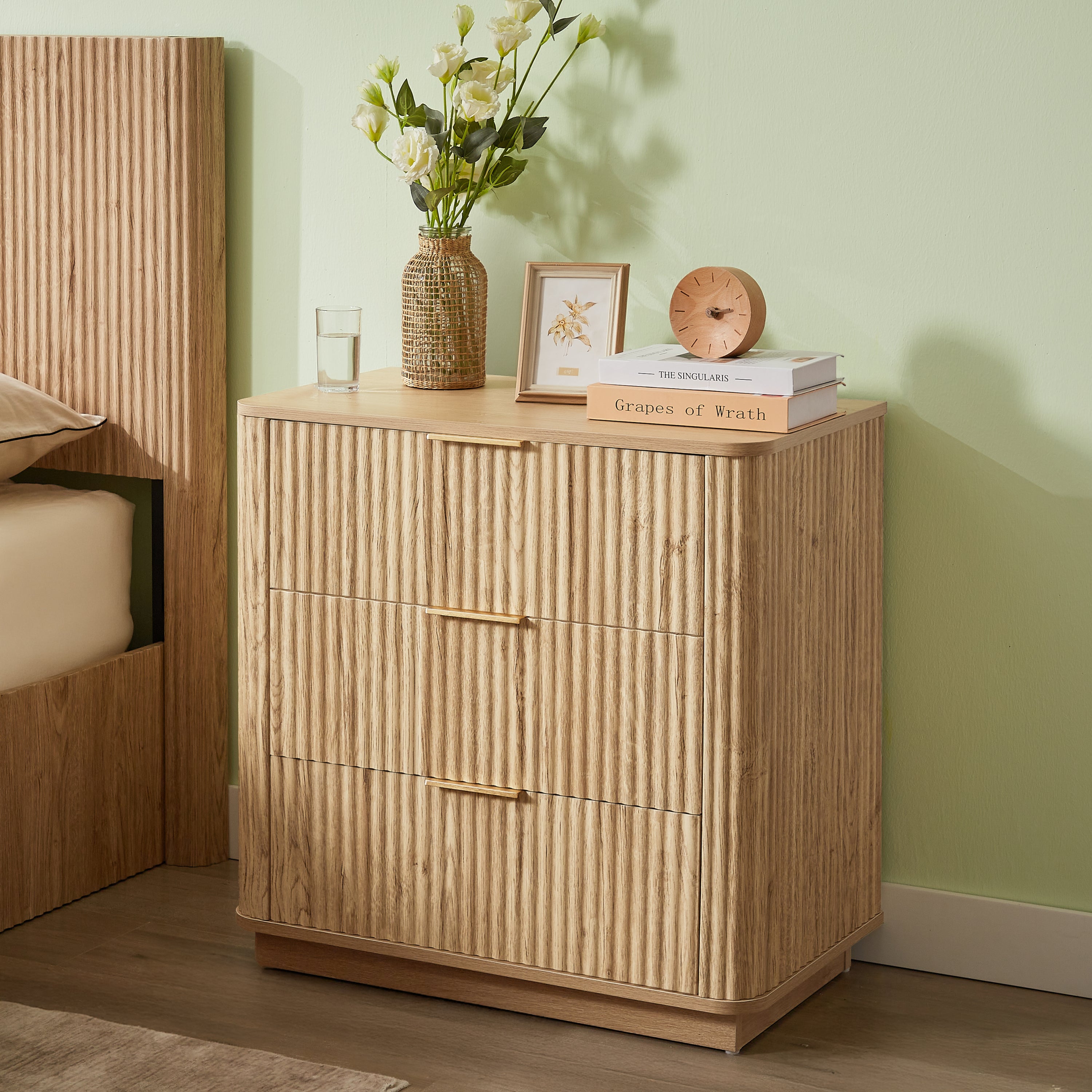 3 Drawers Drasser 2PCS, 27.6'' Wide Modern Chest of Drawers Curved wave Design,Nightstand,Wood Drawer Organizer for Bedroom, Living Room, Hallway, Oak,27.6''W x 15.8''D x 27.4''H. - Grand Goldman Shop