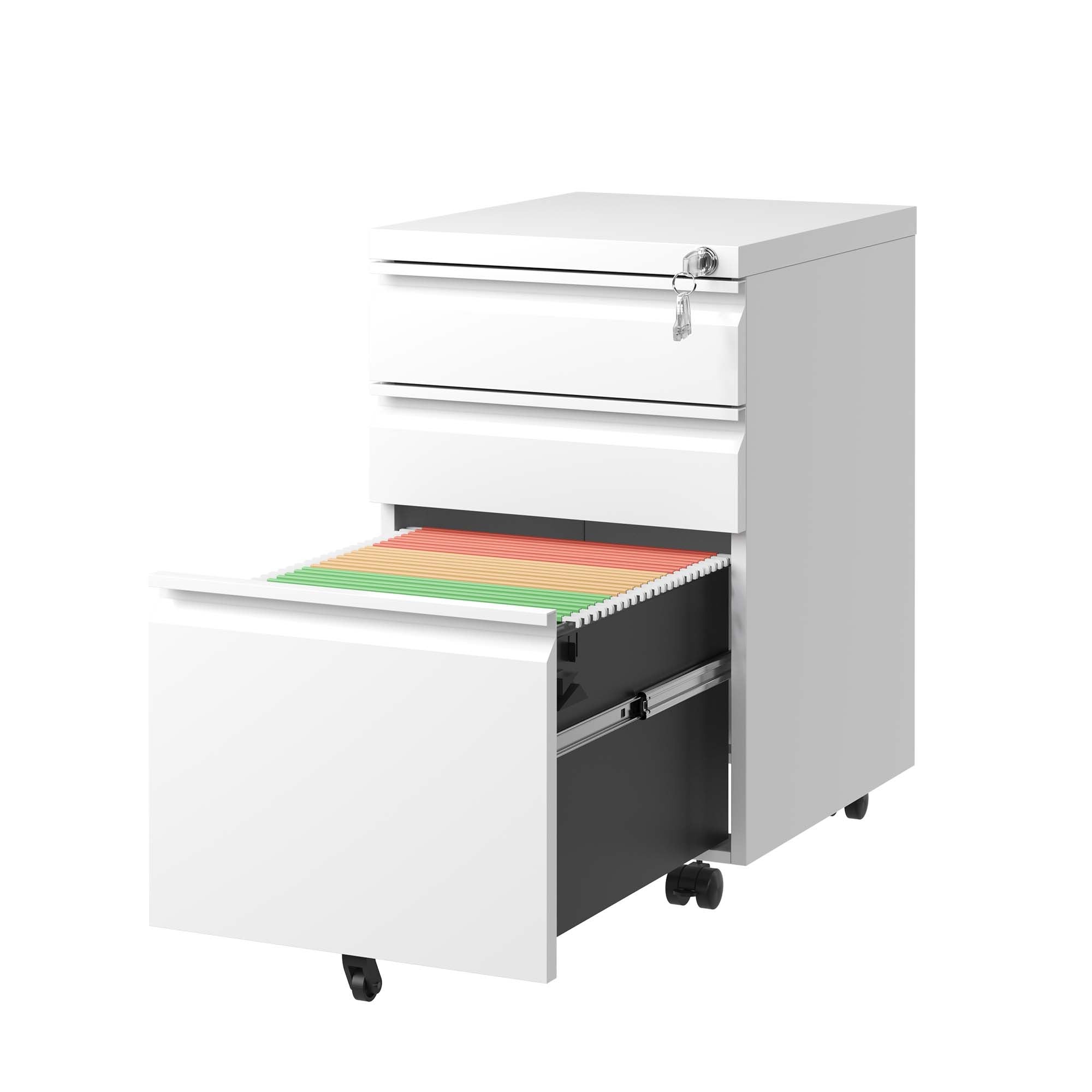White Mobile 3-Drawer File Cabinet with Lock, Metal Organizer for Home Office, Fully Assembled | Premium Home Decor - Grand G