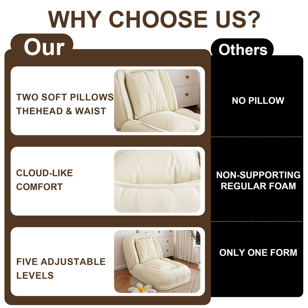 Upholstered Foldable Lazy Sofa Bed for Adults and Pets, Adjustable Recliner with 5 Positions, Off White Corduroy, 70.87 x 37.40 x 11.02 inches - Grand Goldman Shop