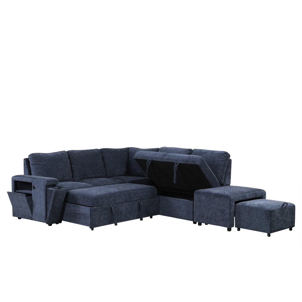 U_STYLE L-shaped Pull-Out Sofa Bed with Storage, USB Ports, and Cup Holders, Modular Design for Living Rooms, Offices & Apartments - Grand Goldman Shop