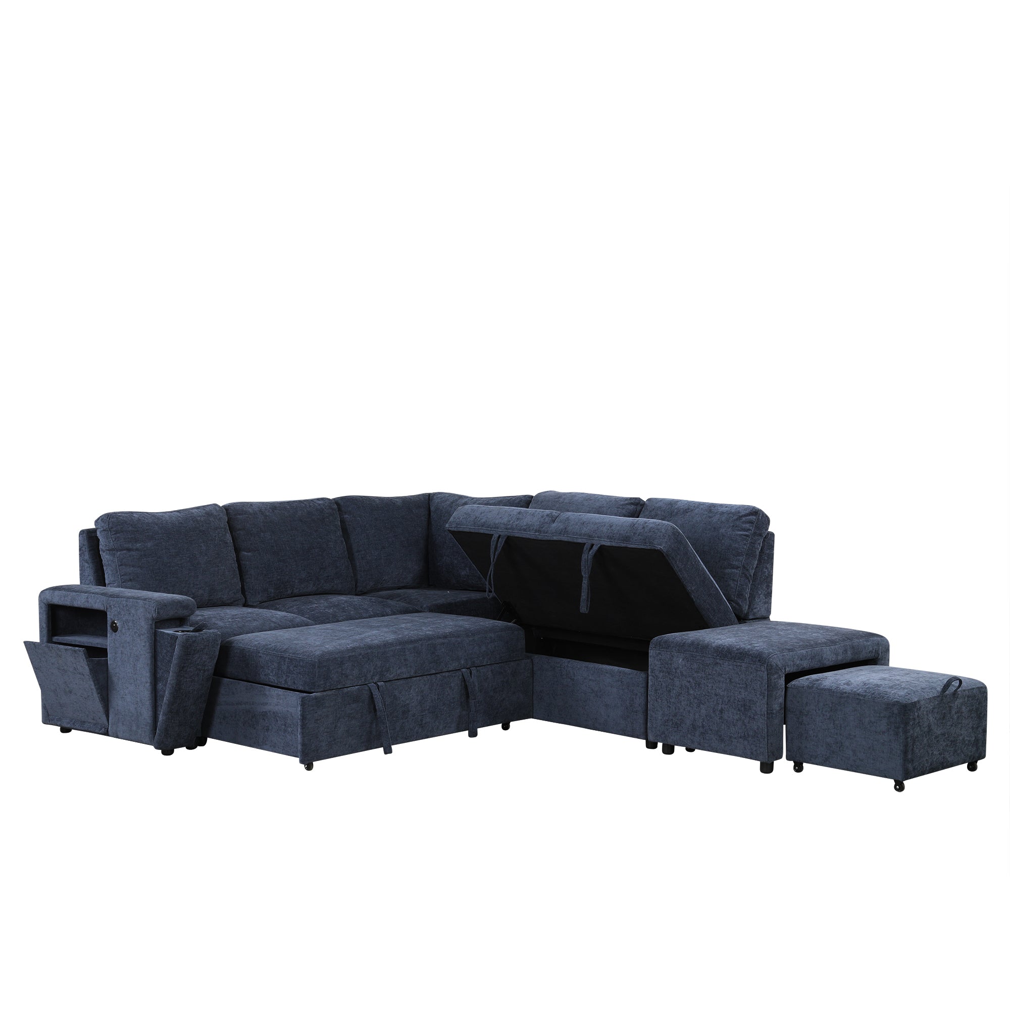 U_STYLE L-shaped Pull-Out Sofa Bed with Storage, USB Ports, and Cup Holders, Modular Design for Living Rooms, Offices & Apartments - Grand Goldman Shop