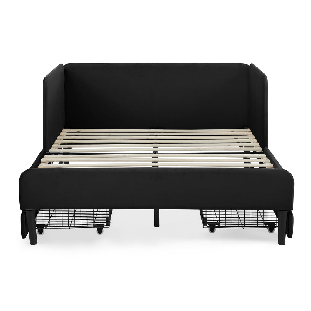 Black Velvet Upholstered Platform Bed Frame with 2 Storage Drawers and Adjustable Sofa Bed, Full Size - Grand Goldman Shop