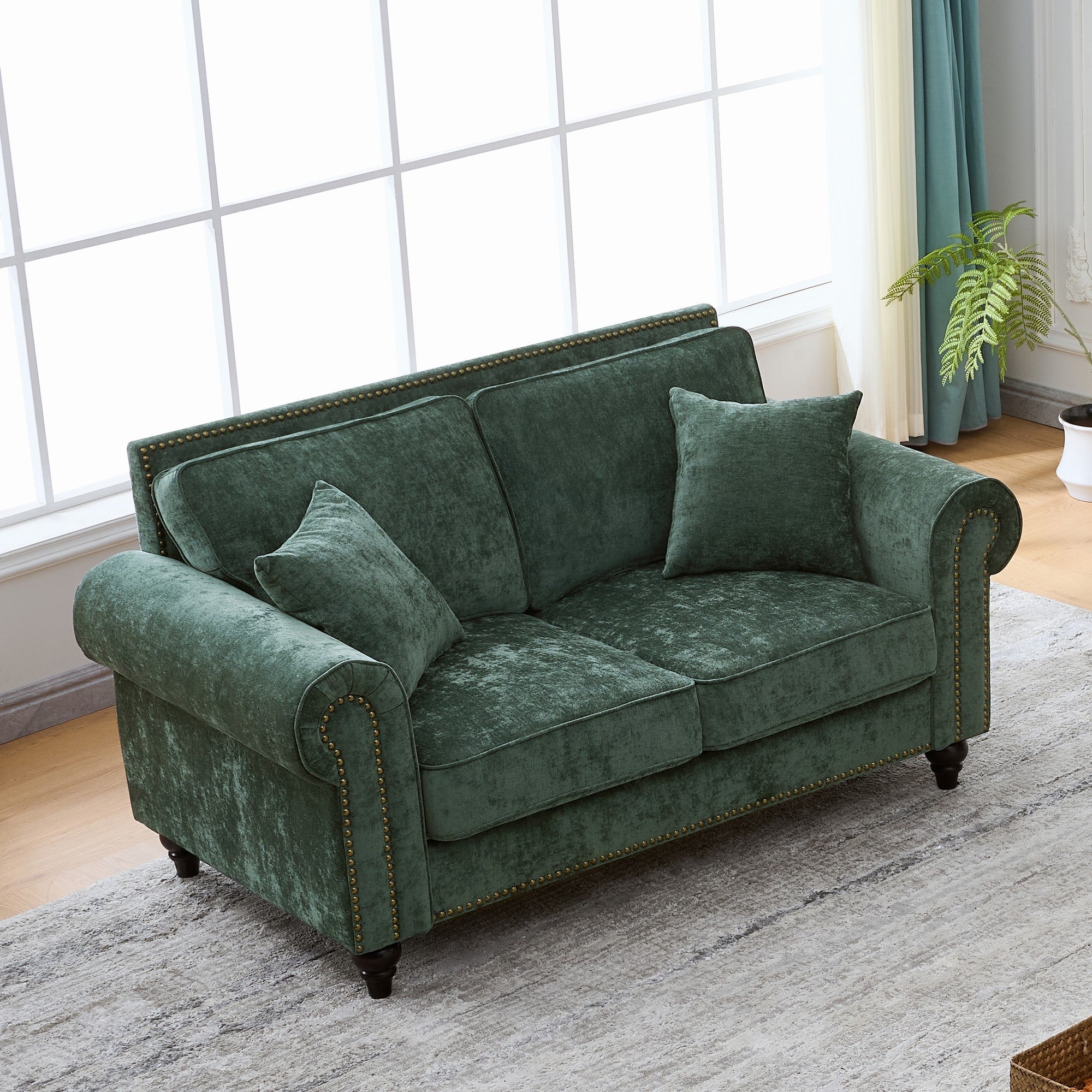 Modern 2-Seater Sofa with Rolled Arms, Tufted Upholstery, Wood Legs, Nailhead Trim, Beige Fabric, 63' - Grand Goldman Shop