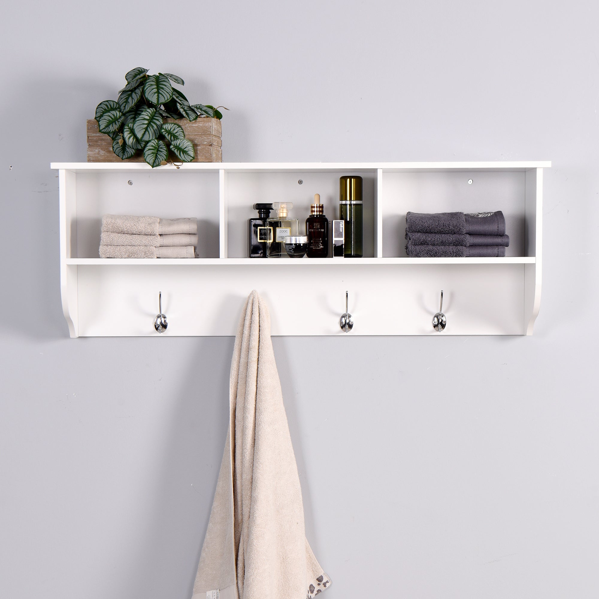 White Entryway Wall Mounted Coat Rack with 4 Dual Hooks Living Room Wooden Storage Shelf - Grand Goldman Shop