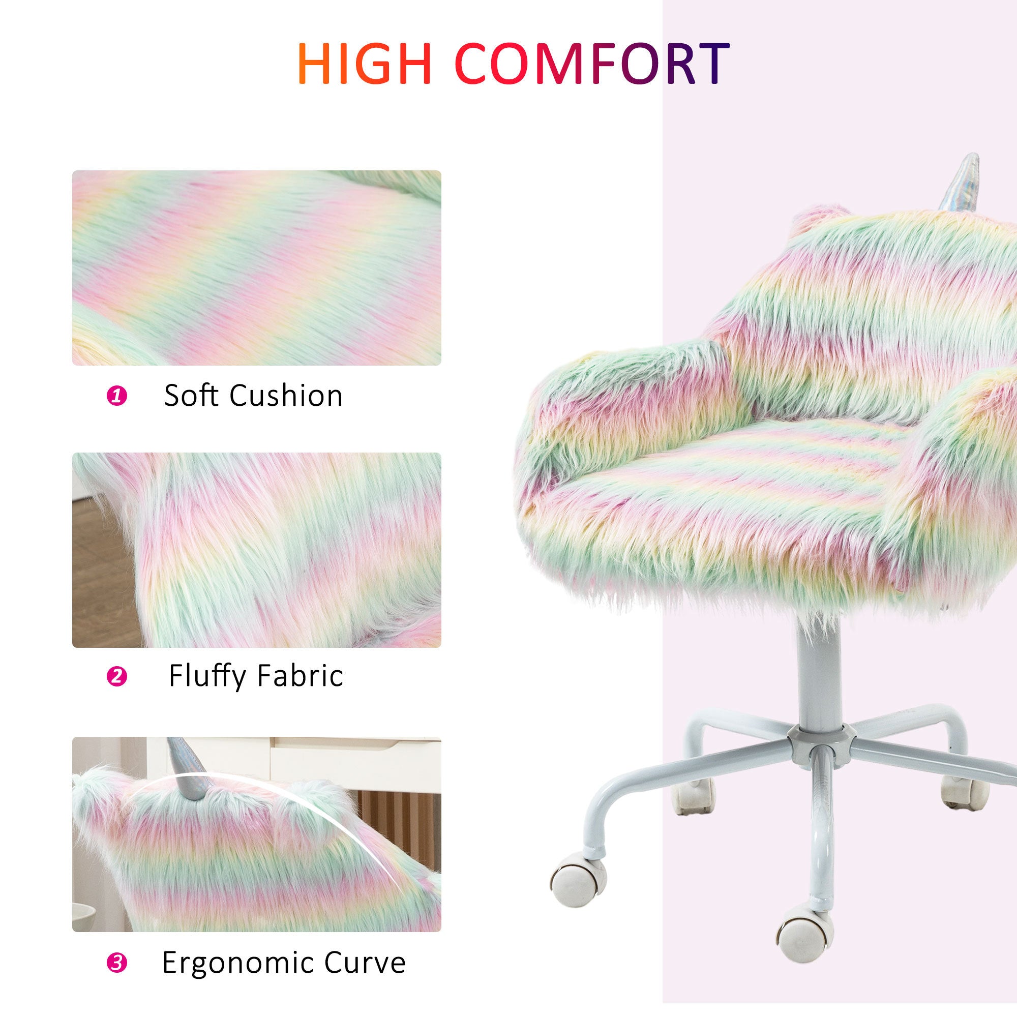 HOMCOM Fluffy Unicorn Office Chair with Mid-Back and Armrest Support, 5 Star Swivel Wheel White Base, Rainbow | Premium Home 