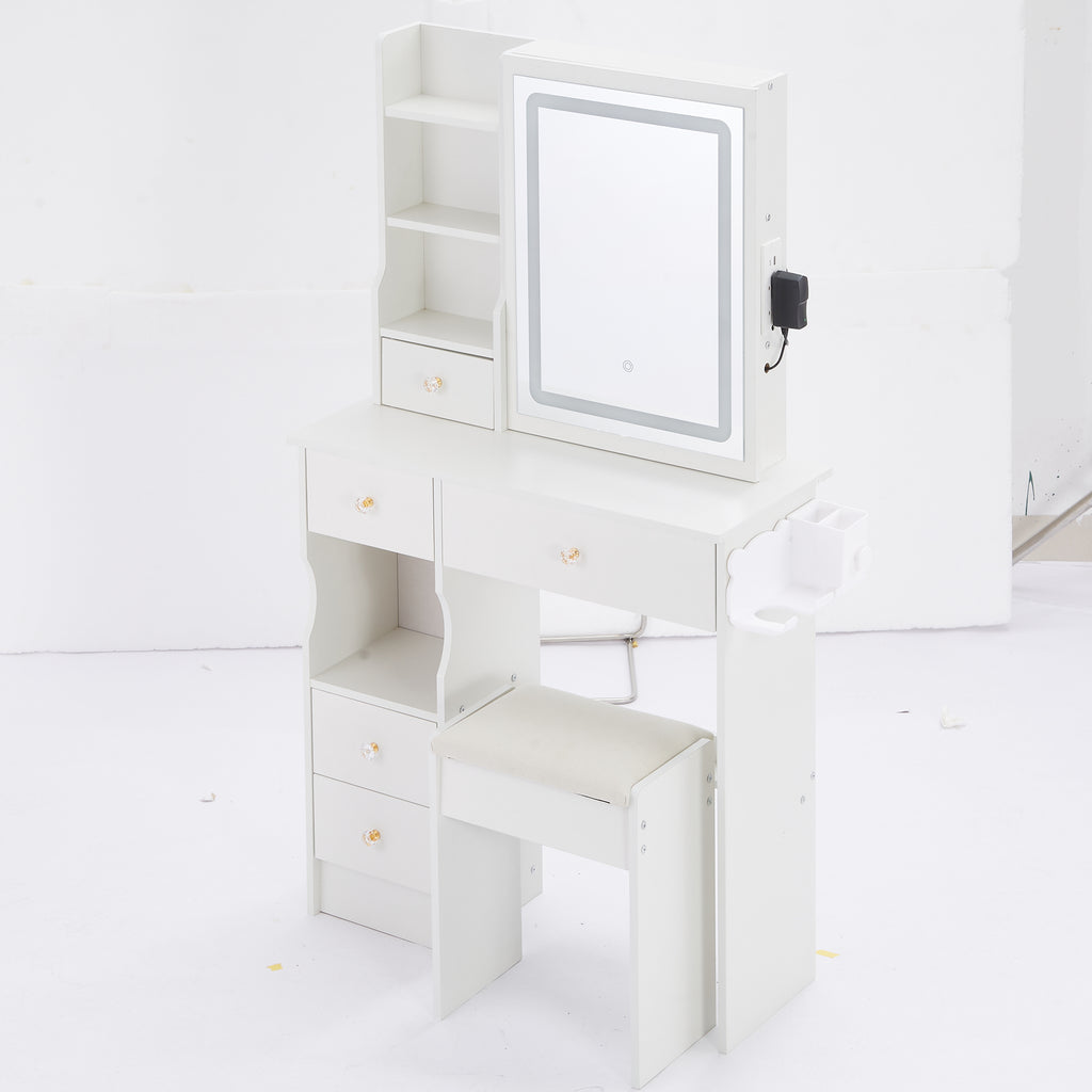 29.2' Small Size Left Drawer Desktop Vanity Table + Cushioned Stool, 2 AC+2 USB Power Station, Hair dryer bracket, Extra Large Touch Control Sliding LED Mirror, Tri-color Switching, Brightness Adjust - Grand Goldman Shop