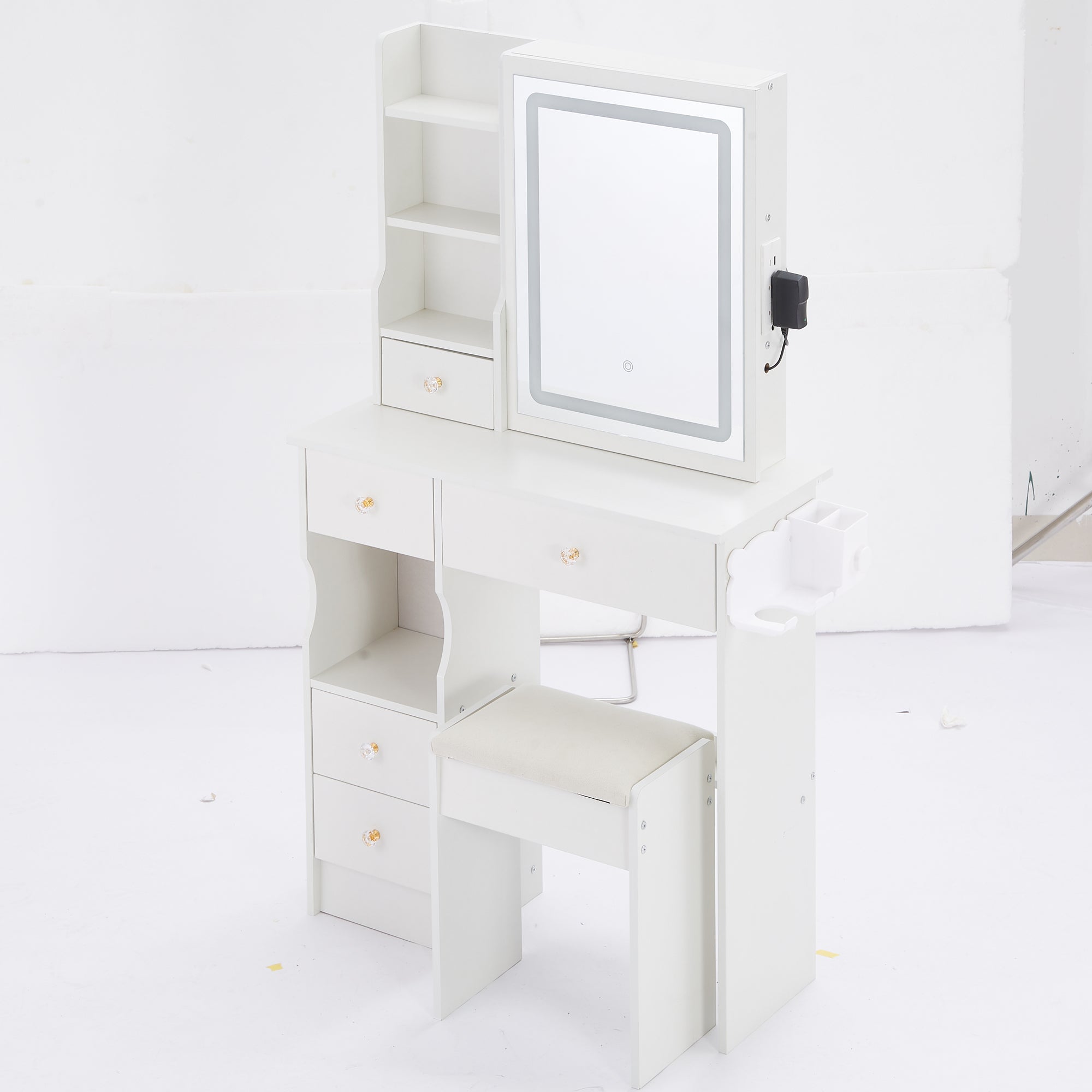 29.2' Small Size Left Drawer Desktop Vanity Table + Cushioned Stool, 2 AC+2 USB Power Station, Hair dryer bracket, Extra Large Touch Control Sliding LED Mirror, Tri-color Switching, Brightness Adjust - Grand Goldman Shop