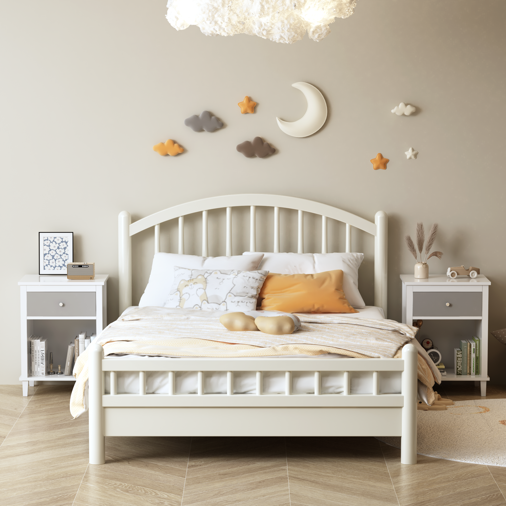 Gray+Silver Handle Wooden Nightstand 26.77''H with One Drawer One Shelf for Kids and Adults, White+Gray Finish MDF - Grand Goldman Shop