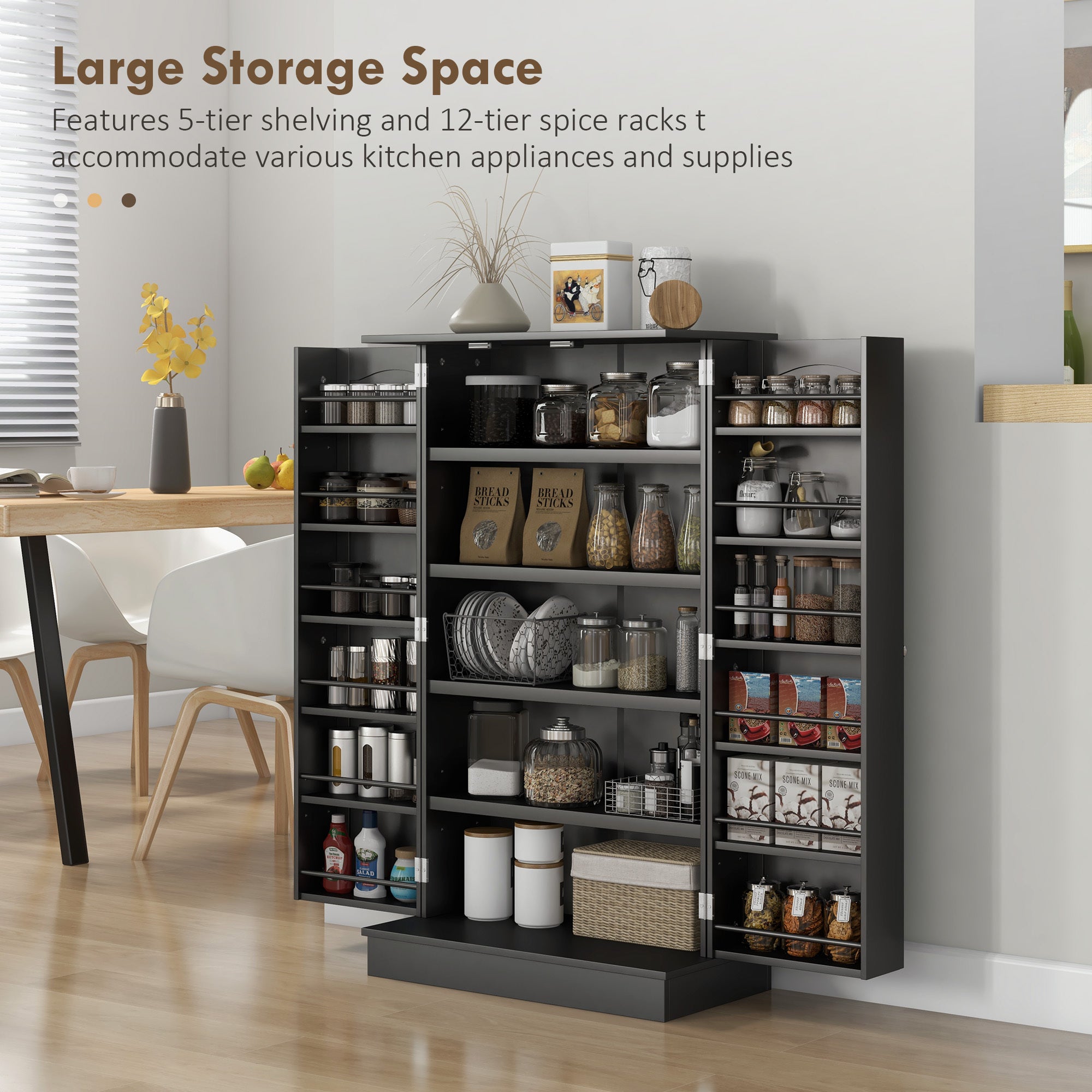 HOMCOM 41' Kitchen Pantry Storage Cabinet, Freestanding Kitchen Cabinet with 12 Door Shelves, Double Doors, 5-tier Shelving and Adjustable Shelves, Black - Grand Goldman Shop