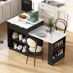 K&K 82.6' Fluted Kitchen Island with Extendable Dining Table for 4-6, Island Table for Kitchen with Power Outlet, Kitchen Table with Double-Side Storage, 2 Drawers 2 Side Open Shelves, Black - Grand Goldman Shop