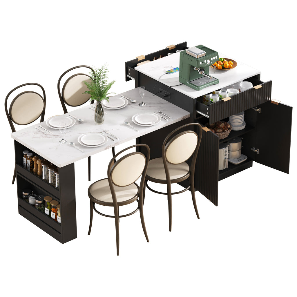 K&K 82.6' Fluted Kitchen Island with Extendable Dining Table for 4-6, Island Table for Kitchen with Power Outlet, Kitchen Table with Double-Side Storage, 2 Drawers 2 Side Open Shelves, Black - Grand Goldman Shop
