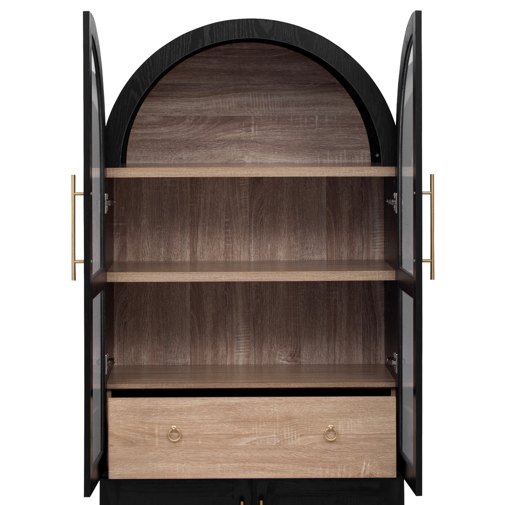 K&K 71' Tall Arched Kitchen Pantry Cabinet with Door Shelves, Farmhouse Kitchen Storage Cabinet with Open & Adjustable Shelves, Hidden Drawer & Glass Door, Cupboard for Kitchen, Dining Room, Black - Grand Goldman Shop